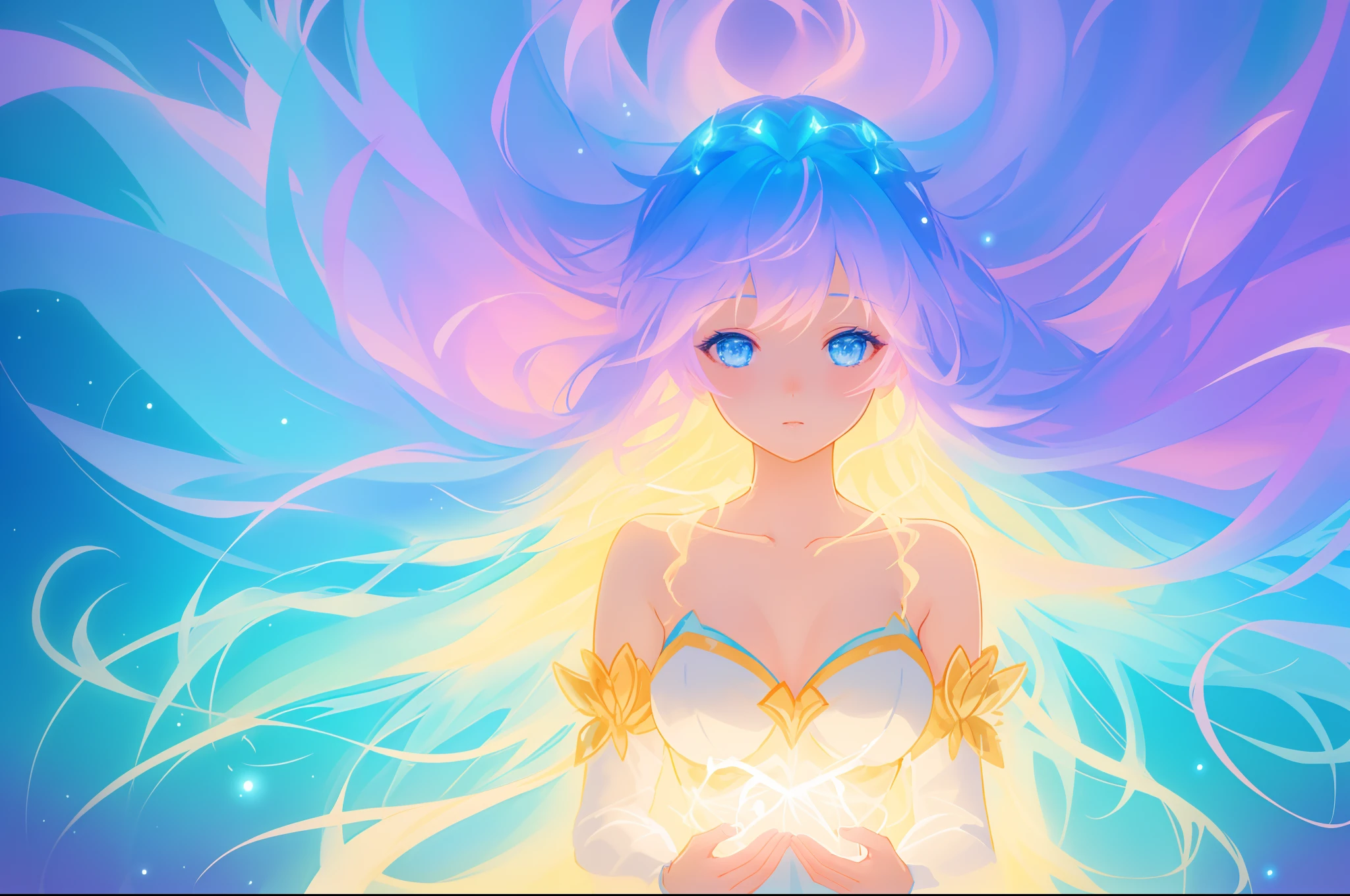 beautiful anime girl in glowing dress, glowing fairy wings, inspired by Glen Keane, inspired by Lois van Baarle, disney art style, by Lois van Baarle, glowing aura around her, by Glen Keane, jen bartel, glowing lights! digital painting, flowing glowing hair, glowing flowing hair, beautiful digital illustration, fantasia background, whimsical, magical, fantasy, beautiful face, masterpiece, best quality