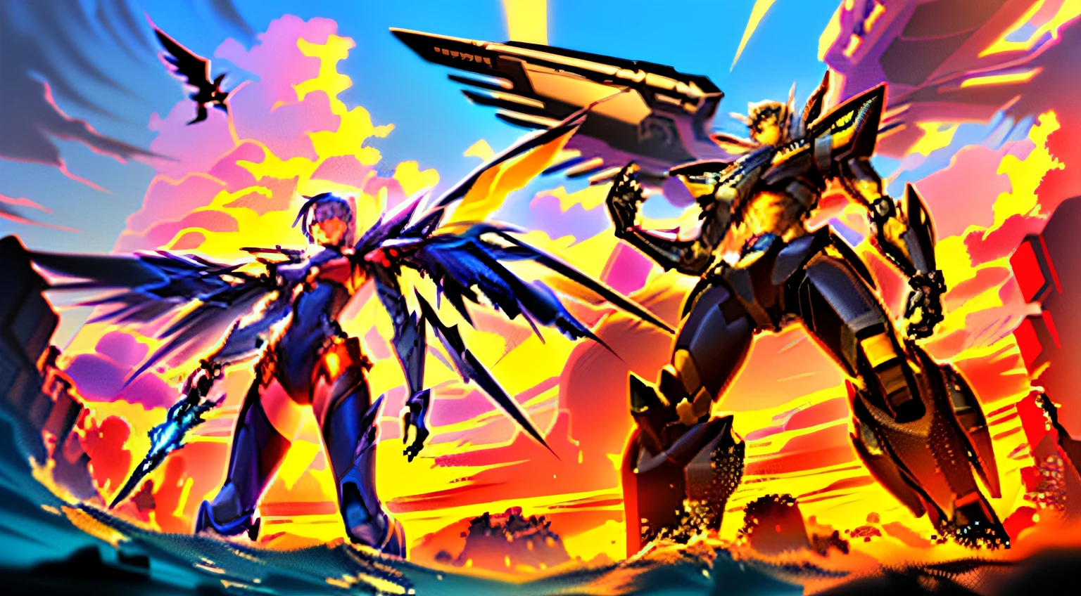 Anime characters standing in front of the storm,A bird flies overhead, Mecha wings, Anime epic artwork, modern mecha anime, Anime fantasy artwork, krenz cushart and wenjun lin, 2. 5 D CGI anime fantasy artwork, cgsociety and fenghua zhong, Anime fantasy illustration, advanced digital anime art, author:Shen Zhou