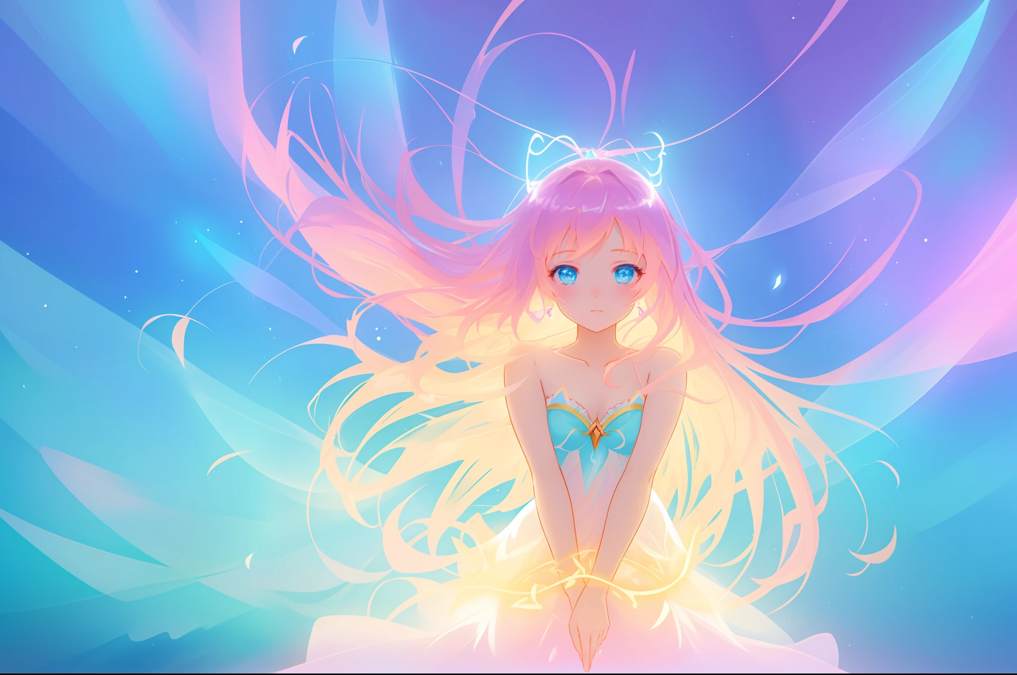 beautiful anime girl in glowing dress, glowing fairy wings, inspired by Glen Keane, inspired by Lois van Baarle, disney art style, by Lois van Baarle, glowing aura around her, by Glen Keane, jen bartel, glowing lights! digital painting, flowing glowing hair, glowing flowing hair, beautiful digital illustration, fantasia background, whimsical, magical, fantasy, beautiful face, masterpiece, best quality