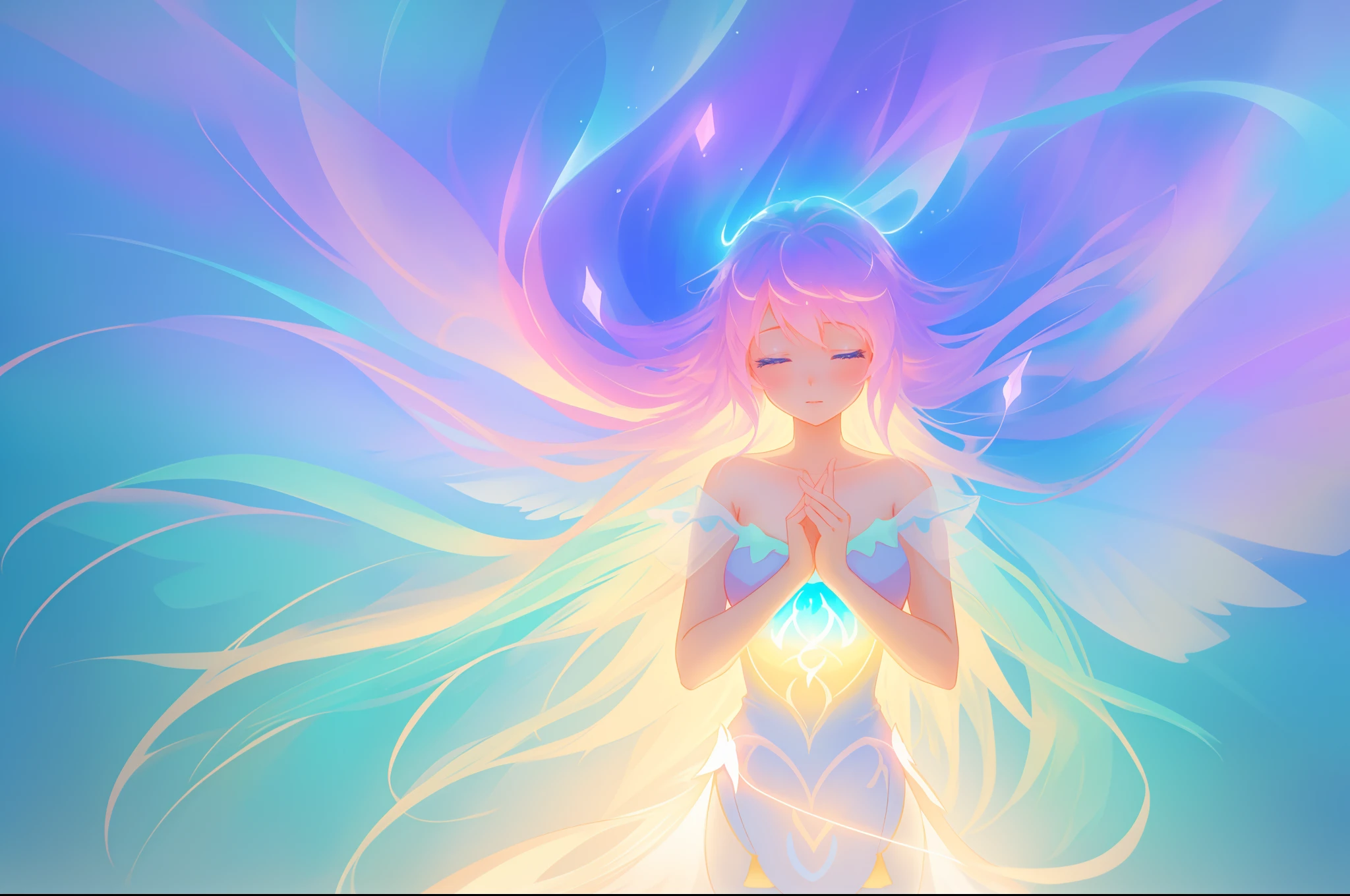 beautiful anime girl in glowing dress, glowing fairy wings, inspired by Glen Keane, inspired by Lois van Baarle, disney art style, by Lois van Baarle, glowing aura around her, by Glen Keane, jen bartel, glowing lights! digital painting, flowing glowing hair, glowing flowing hair, beautiful digital illustration, fantasia background, whimsical, magical, fantasy, beautiful face, masterpiece, best quality