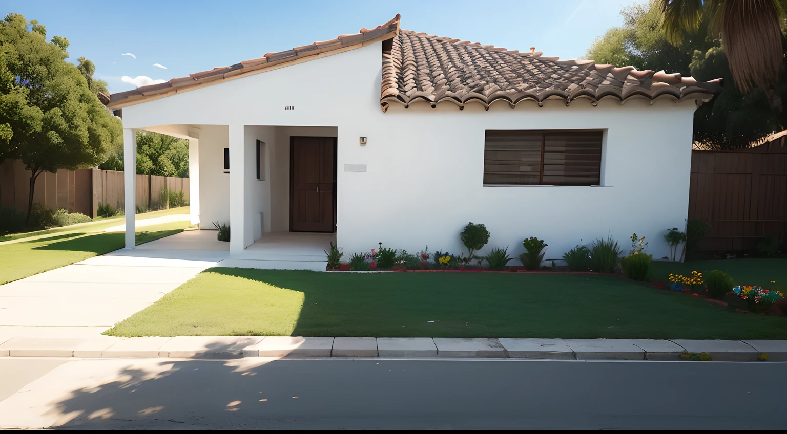 hombre de remera blanca, frente a una casa con un ramo de flores en la mano, panoramic view