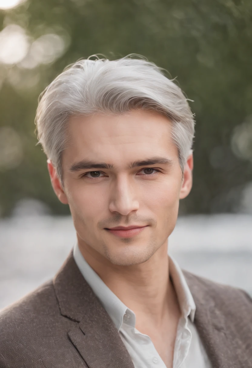 Portrait of handsome man 30 years old round face cinematic appearance、Silver Hair、Brown jacket、White button-down shirt、kindly smile、Photography, Male perfection,  Black eyes, Hyper realistic, 8K - V 4、50-year-old dandy gentleman、Gentle eyes、Gray hair、