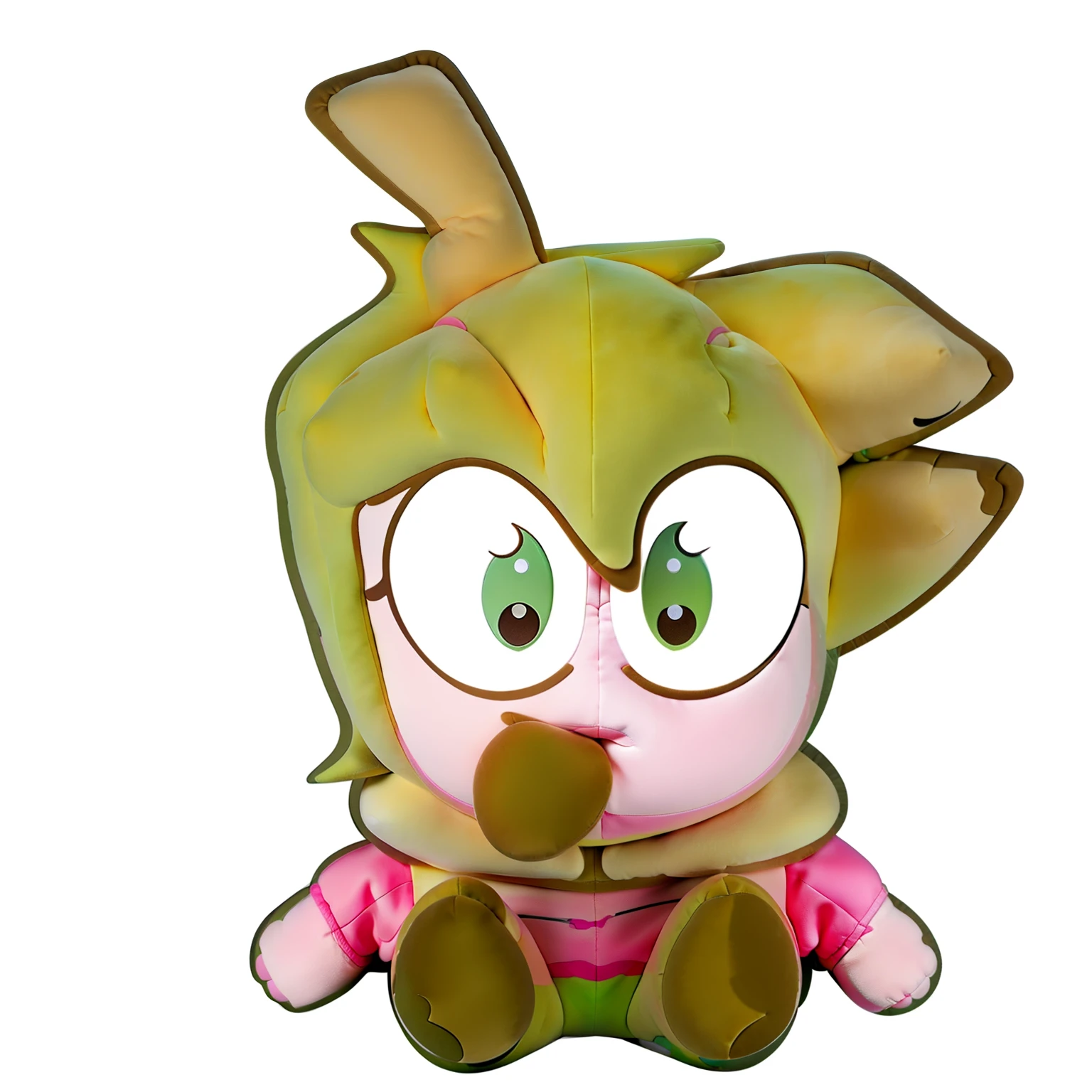 cartoon plushi of a with a yellow scarf pink shirt and brown hair, cel shaded!!!, plushie, cartoony style, cartoonish cute, chibi, cel shaded:15, [ digital art ]!!, toon rendering, art in the style of joshy sly, danbooru, booru, iconic character,