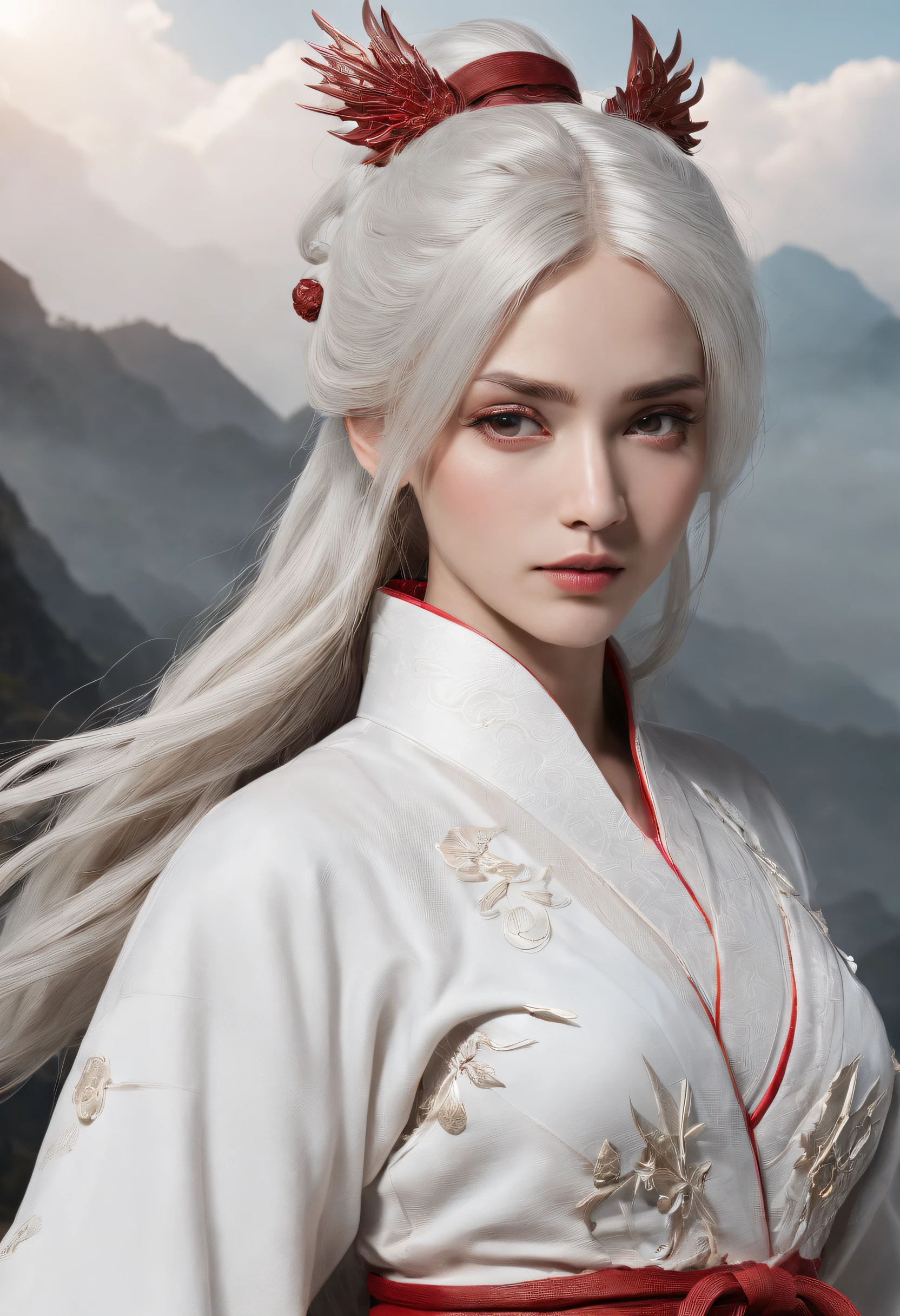 Cirilla Fiona Elen Riannon,动态照明,art stations,poster for,Volumetriclighting,Very detailed faces,4k wallpapers,He has a delicate and beautiful face,long hair flowing,horse tailed,Fringed Hair Ornament,Dynamic perspective,White Hanfu,White gauze flying,red waistband,Sexy,Tradition Chinese Ink Painting,Surrounded by clouds,fog atmosphere,Ride a white dragon,White dragon horn,dynamic viewing angle,电影灯光