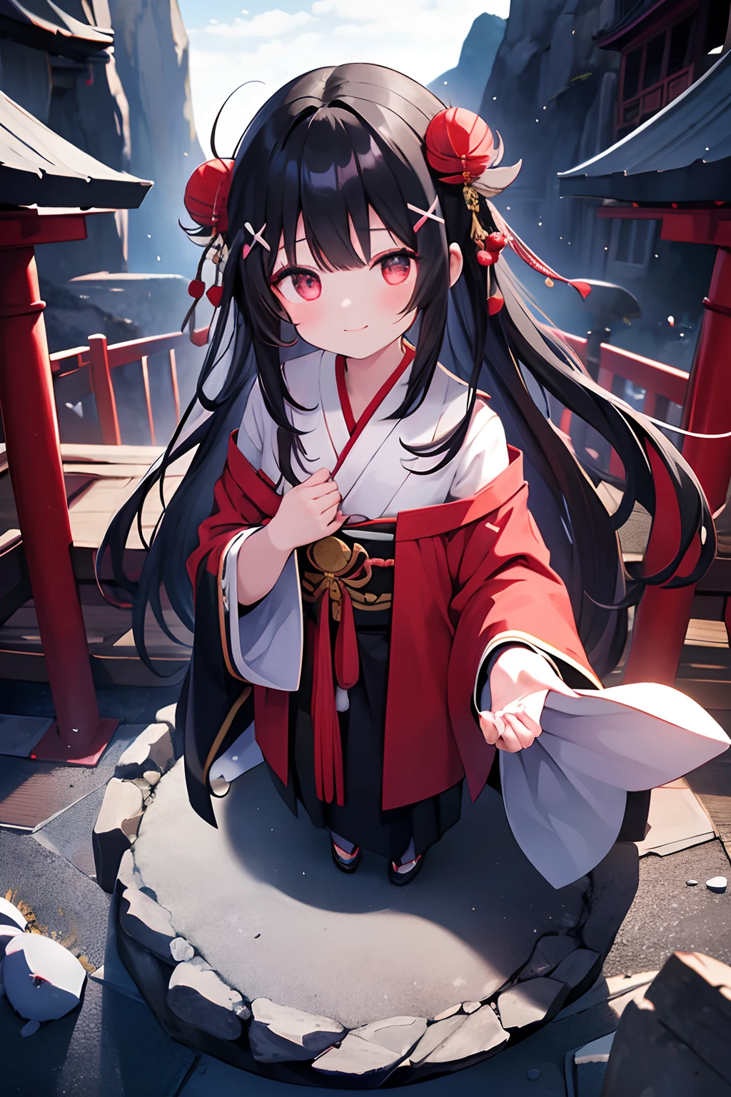 Black hair, longeyelashes, Solid Circle Eyes, lightsmile, Cave, shrine maiden, X Hair Ornament, fullllbody, surrealism, drop shadow, anaglyph, stereograms, Tachi-e, POV, Atmospheric perspective, 8K, Super Detail, ccurate, Best Quality, 4K, awardwinning, Textured skin, nffsw