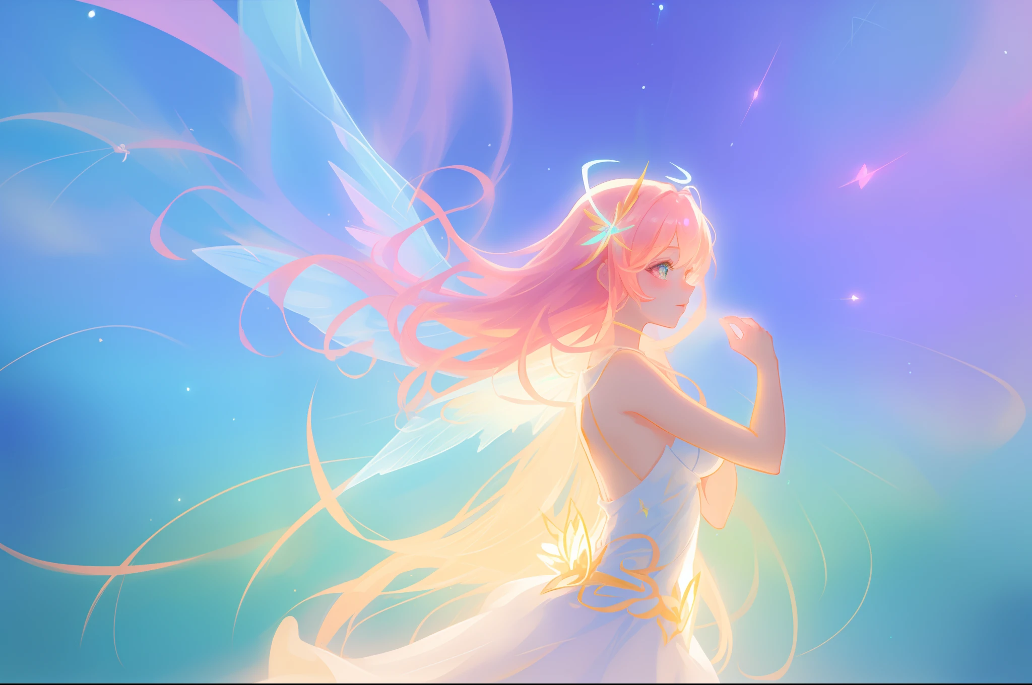 beautiful anime girl in glowing dress, glowing fairy wings, inspired by Glen Keane, inspired by Lois van Baarle, disney art style, by Lois van Baarle, glowing aura around her, by Glen Keane, jen bartel, glowing lights! digital painting, flowing glowing hair, glowing flowing hair, beautiful digital illustration, fantasia background, whimsical, magical, fantasy, beautiful face, masterpiece, best quality