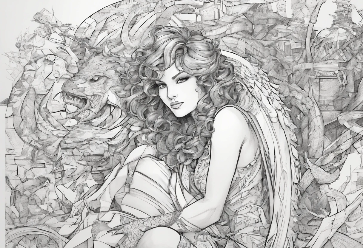 (comic art style), ink on paper, character turnaround sheet, medusa, gorgon, snakefolk, woman snake hybrid, lower body snake tail. full body portrait, masterpiece, craftsmanship nuance, color pieces, sketchbook, hand drawn, dark, gritty, realistic sketch, rough sketch, mix of dark bold lines and loose lines, bold lines, on paper, twisted character sheet, comics of the 1990's, harsh ink lines, expressive ink techniques, distinctive line work, precise harsh strokes, dynamic expressive linework)