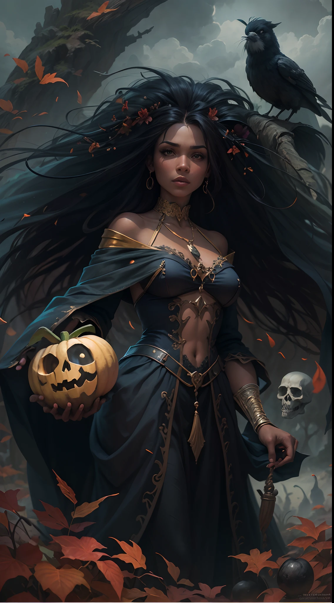 A beautiful black witch in flowing gothic garments, posando al borde de un precipicio con vistas a un paisaje embrujado,caveira , calabaza, cuervo ,Their presence should generate both fear and fascination.., y el cielo de arriba debe estar lleno de apariciones espectrales. Emula las cualidades cautivadoras de la magia: El arte de The Gathering para representar esta escena espeluznante.