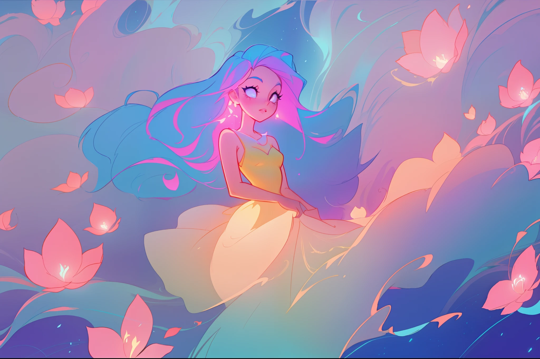beautiful girl in flowing ballgown, inspired by Glen Keane, inspired by Lois van Baarle, disney art style, by Lois van Baarle, glowing aura around her, by Glen Keane, jen bartel, glowing lights! digital painting, flowing glowing hair, glowing flowing hair, beautiful digital illustration, fantasia otherworldly landscape plants flowers, beautiful, masterpiece, best quality, anime disney style