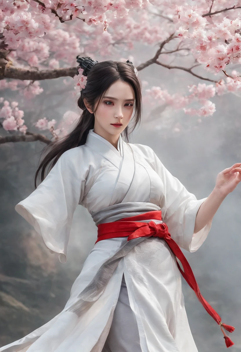 a close up of a woman with a sword in a white dress, a character portrait by Yang J, trending on cgsociety, fantasy art, beautiful character painting, artwork in the style of guweiz, guweiz, white hanfu, flowing white robes, full body wuxia, epic exquisite character art, stunning character art, beautiful female assassin --auto