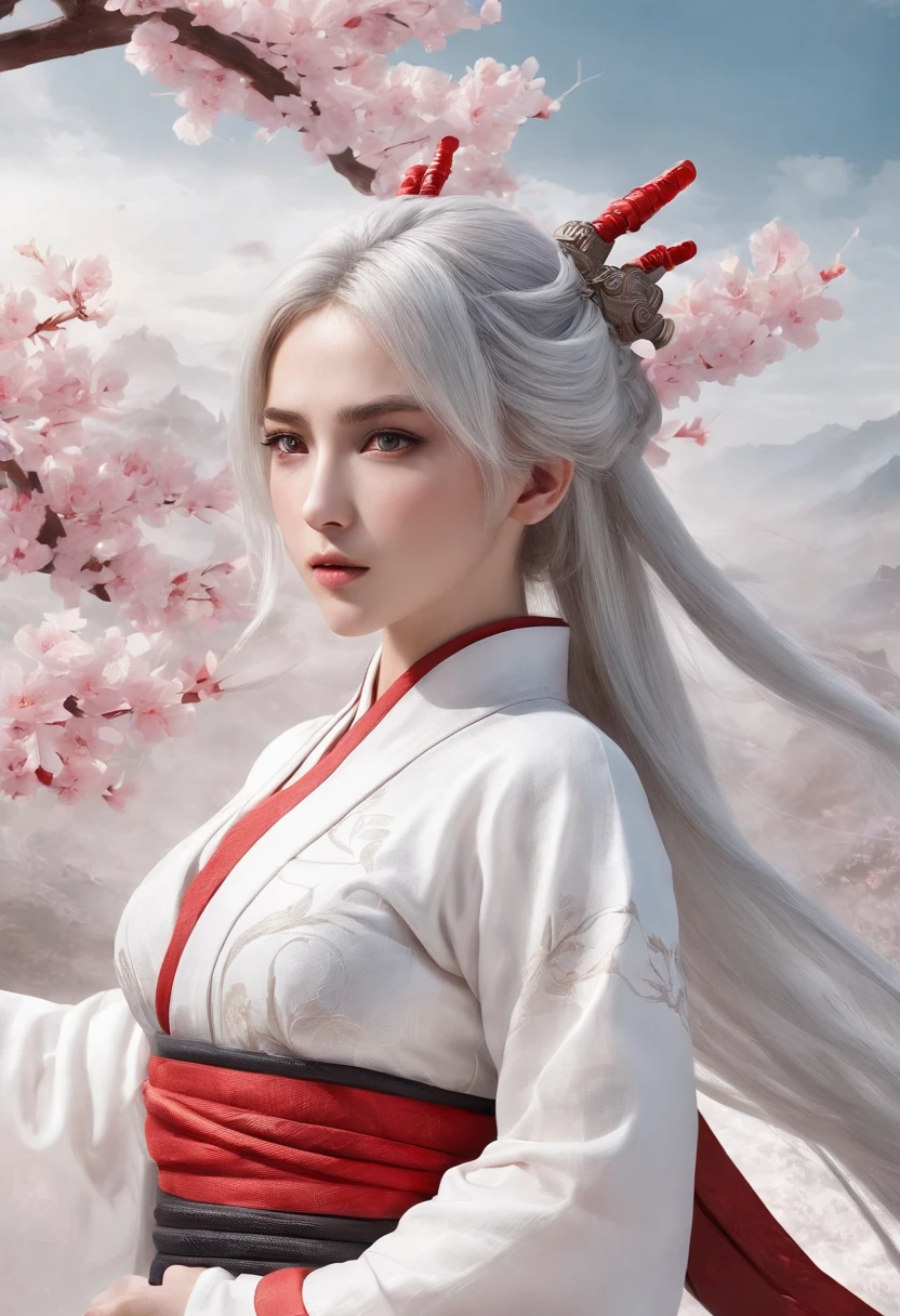 Cirilla Fiona Elen Riannon,动态照明,art stations,poster for,Volumetriclighting,Very detailed faces,4k wallpapers,He has a delicate and beautiful face,long hair flowing,horse tailed,Fringed Hair Ornament,Dynamic perspective,White Hanfu,White gauze flying,red waistband,Sexy,Tradition Chinese Ink Painting,Surrounded by clouds,cherry blossom,fog atmosphere,Ride a white dragon,White dragon horn,dynamic viewing angle,电影灯光