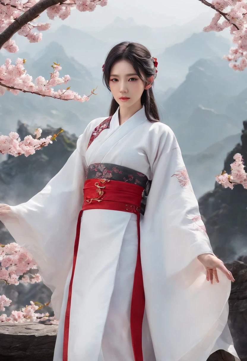 Cirilla Fiona Elen Riannon,动态照明,art stations,poster for,Volumetriclighting,Very detailed faces,4k wallpapers,He has a delicate and beautiful face,long hair flowing,horse tailed,Fringed Hair Ornament,Dynamic perspective,White Hanfu,White gauze flying,red waistband,Sexy,Tradition Chinese Ink Painting,Surrounded by clouds,cherry blossom,fog atmosphere,Ride a white dragon,White dragon horn,dynamic viewing angle,电影灯光