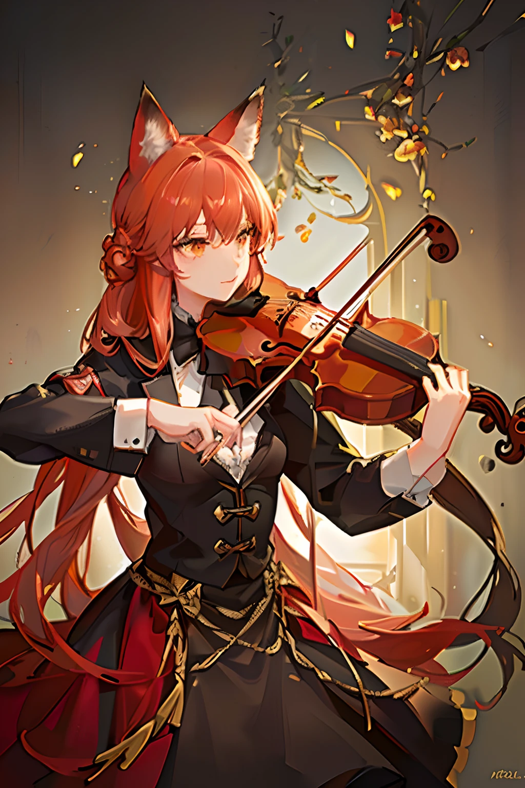 Red long-haired,Red fox ears,Golden eyes,violin,playing violin