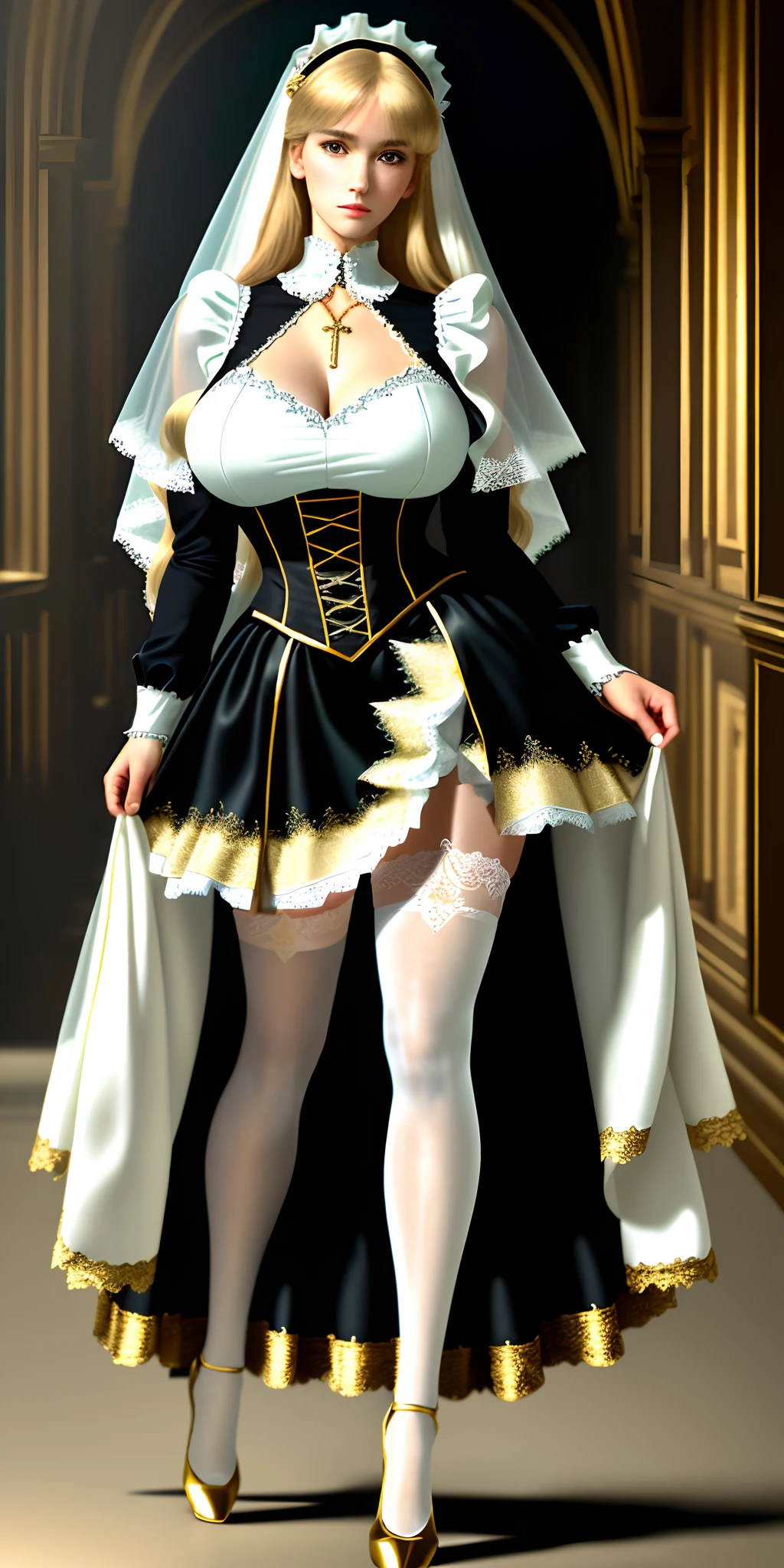 (Best quality,4K,8K,A high resolution,Masterpiece:1.2),Ultra-detailed,(Realistic,Photorealistic,photo-realistic:1.37),anime big breast,detailed scenic view,sunlight from above,Gorgeous hall,Gothic corridor,Maid mature lady,Tall,Curvy,plump,Porcelain complexion,Golden hair,Long hair with bangs,The beauty mark in the lower right corner of her face,A gentle expression appeared on her face,standing on your feet，legs standing together,Female hands，Tuck slightly into the legs，Grasp the hem of the skirt with both hands,Black lace adorns maid costume，Gold accents,Pure white lace-trimmed veil,Gold accents,Powder-white lace-trimmed long-sleeved fingerless gloves,Wear a simple white cross pendant,White high heels,White lace-trimmed thigh suspender stockings,Lace leg loops,Pair it with gold-tone heels， Delicate embroidery, Ethereal beauty, Elegant drape, ,Delicate lace pattern,Transparency,Sexy maid,
