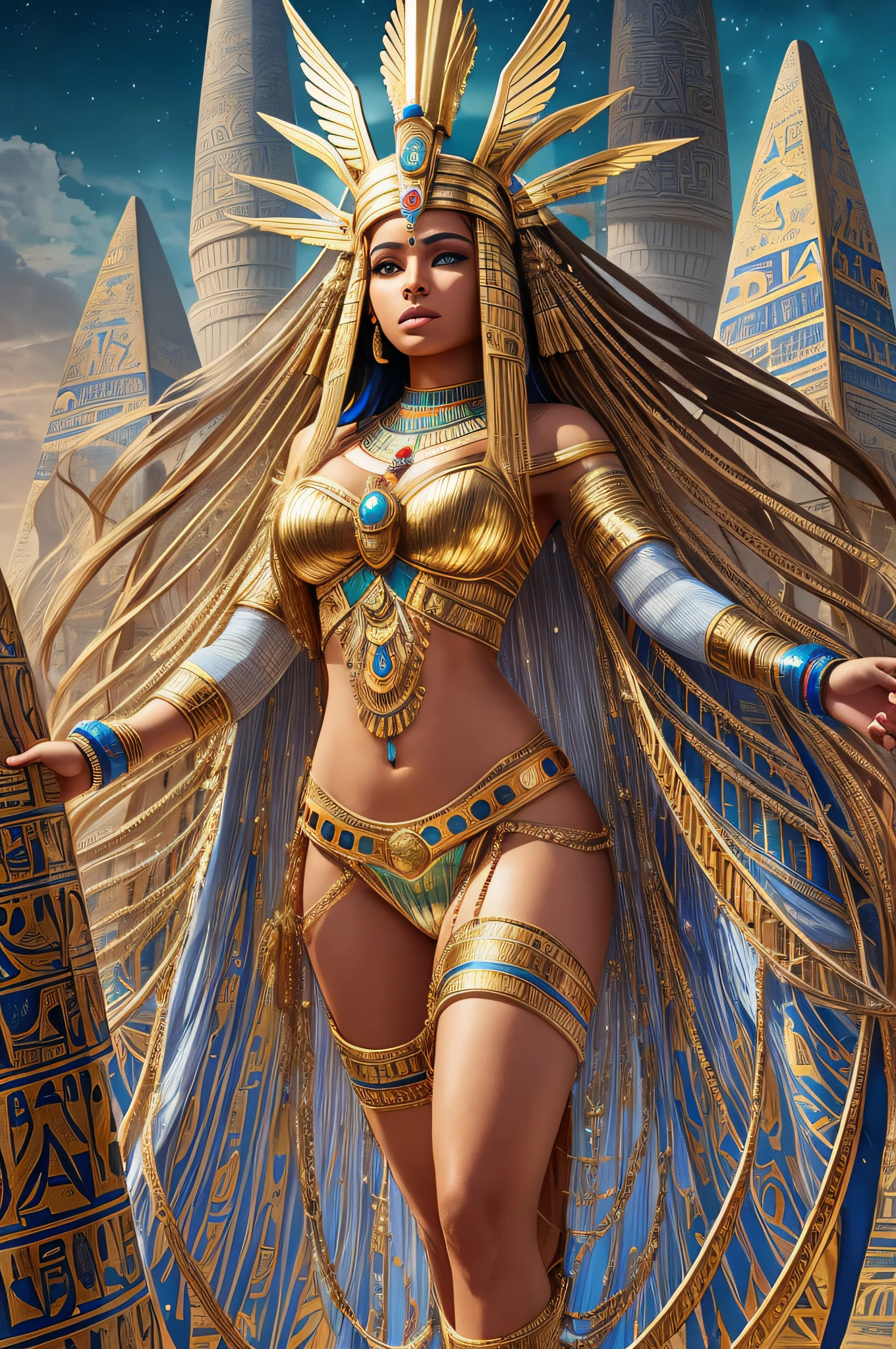A full body of the beautiful blonde goddess Isis, with long hair, she floats about five meters above the surface and looks down on her subjects, her headdress and jewelry glimmering in the moonlight, dressed only in small short Egyptian traditional clothes, stands, looking at the camera, atop a futuristic pyramid looking down at her many worshipers who stand on the streets among the Egyptian futuristic buildings watching her.