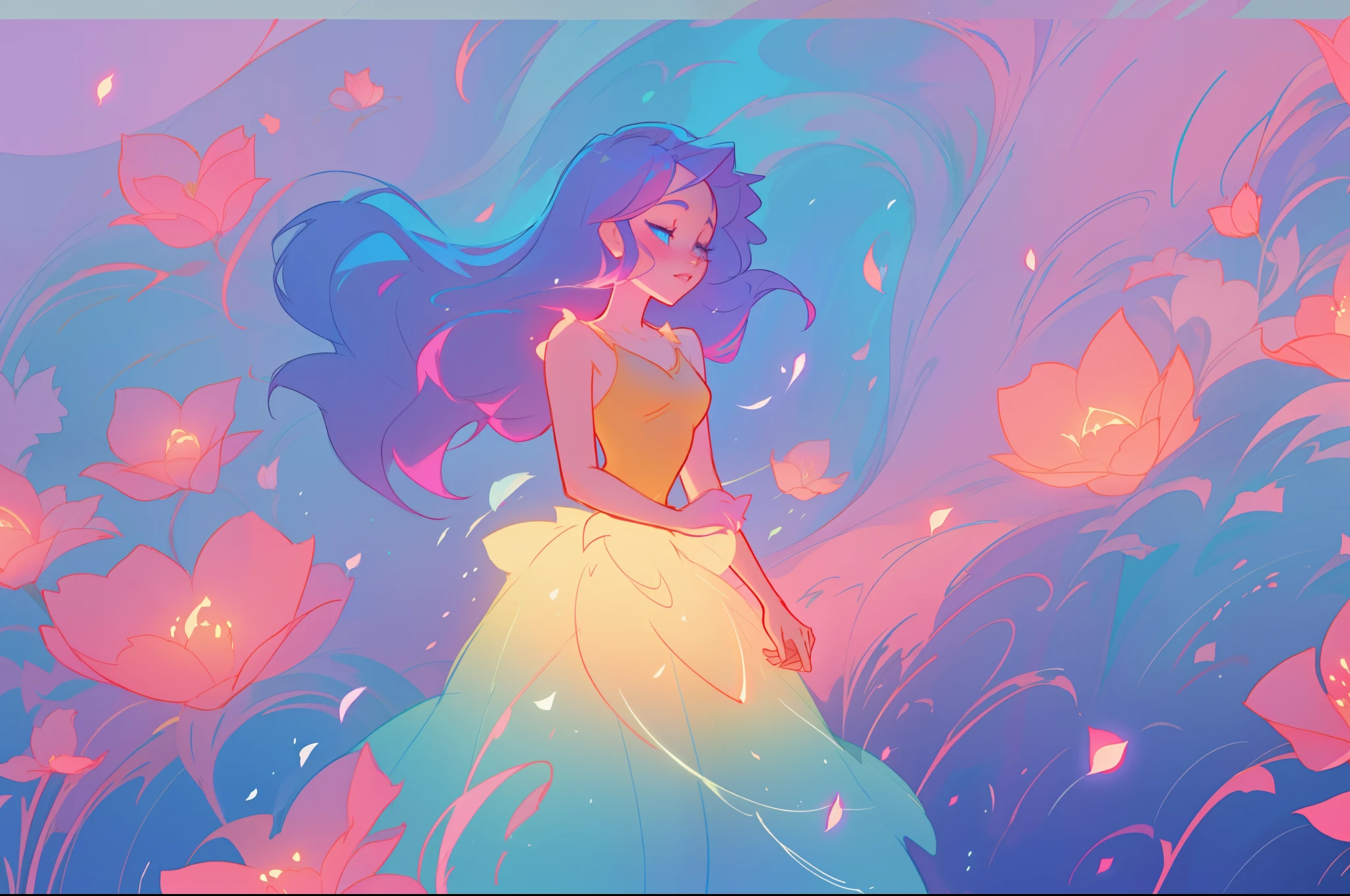beautiful girl in flowing ballgown, inspired by Glen Keane, inspired by Lois van Baarle, disney art style, by Lois van Baarle, glowing aura around her, by Glen Keane, jen bartel, glowing lights! digital painting, flowing glowing hair, glowing flowing hair, beautiful digital illustration, fantasia otherworldly landscape plants flowers, beautiful, masterpiece, best quality, anime disney style