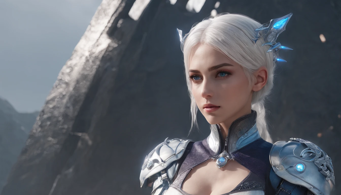 Cirilla Fiona Elen Riannon，Highest image quality，Outstanding details，超高分辨率，（Fidelity：1.4）, Favor the details，closeup cleavage，Ride a dragon，High-tech dragon knight mech，He has a delicate and beautiful face，（（Blue-white flying semi-mechanical fuselage：1.8）），Raised sexy，frontage，Cidade futuristica，mechanically aesthetic，Virtual Engine 5，Perfect detail rendering，rendering by octane，hyper HD