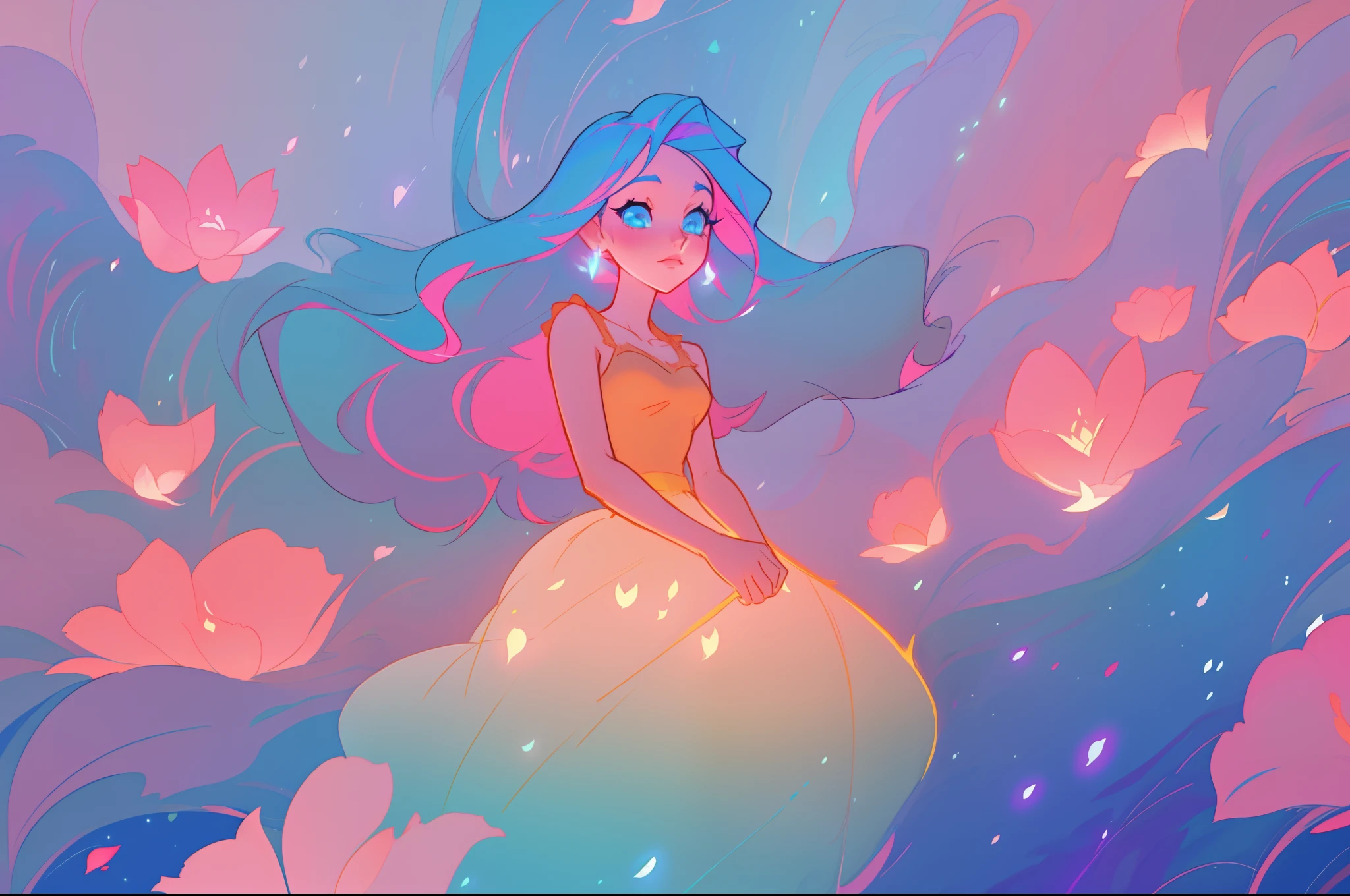 beautiful girl in flowing ballgown, inspired by Glen Keane, inspired by Lois van Baarle, disney art style, by Lois van Baarle, glowing aura around her, by Glen Keane, jen bartel, glowing lights! digital painting, flowing glowing hair, glowing flowing hair, beautiful digital illustration, fantasia otherworldly landscape plants flowers, beautiful, masterpiece, best quality, anime disney style