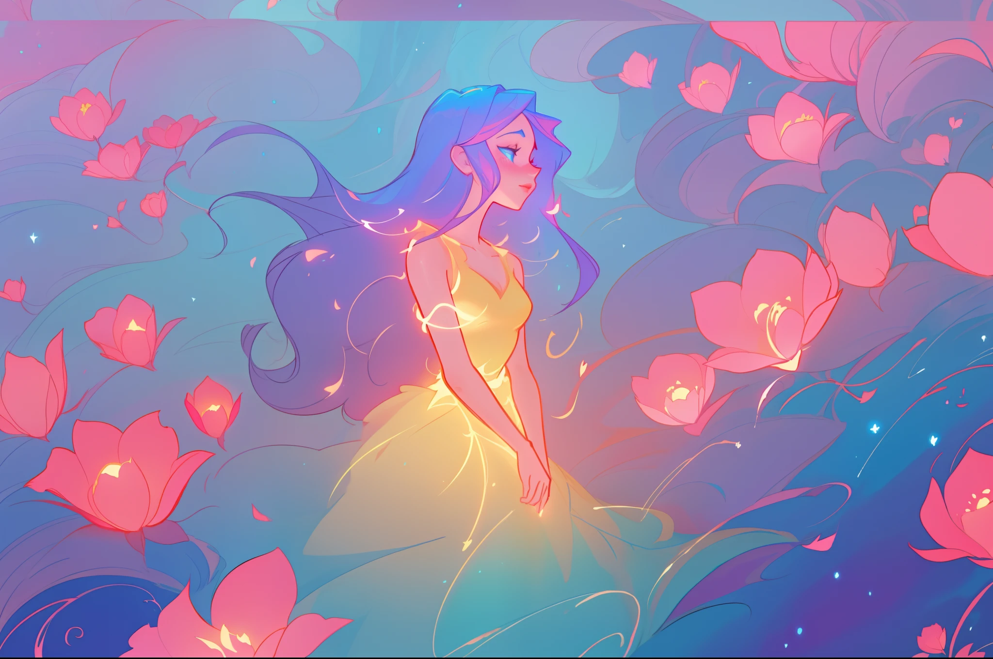 beautiful girl in flowing ballgown, inspired by Glen Keane, inspired by Lois van Baarle, disney art style, by Lois van Baarle, glowing aura around her, by Glen Keane, jen bartel, glowing lights! digital painting, flowing glowing hair, glowing flowing hair, beautiful digital illustration, fantasia otherworldly landscape plants flowers, beautiful, masterpiece, best quality, anime disney style
