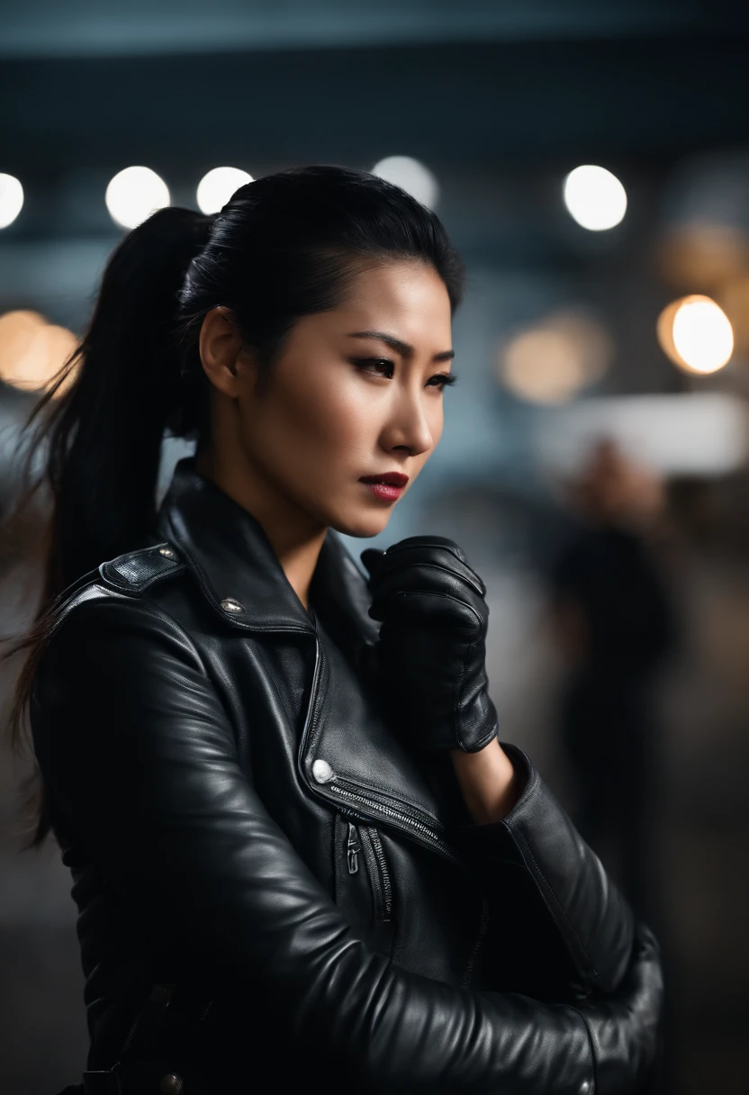 Black leather gloves, black hair ponytail, Japanese girls, black leather riders jacket, upper body