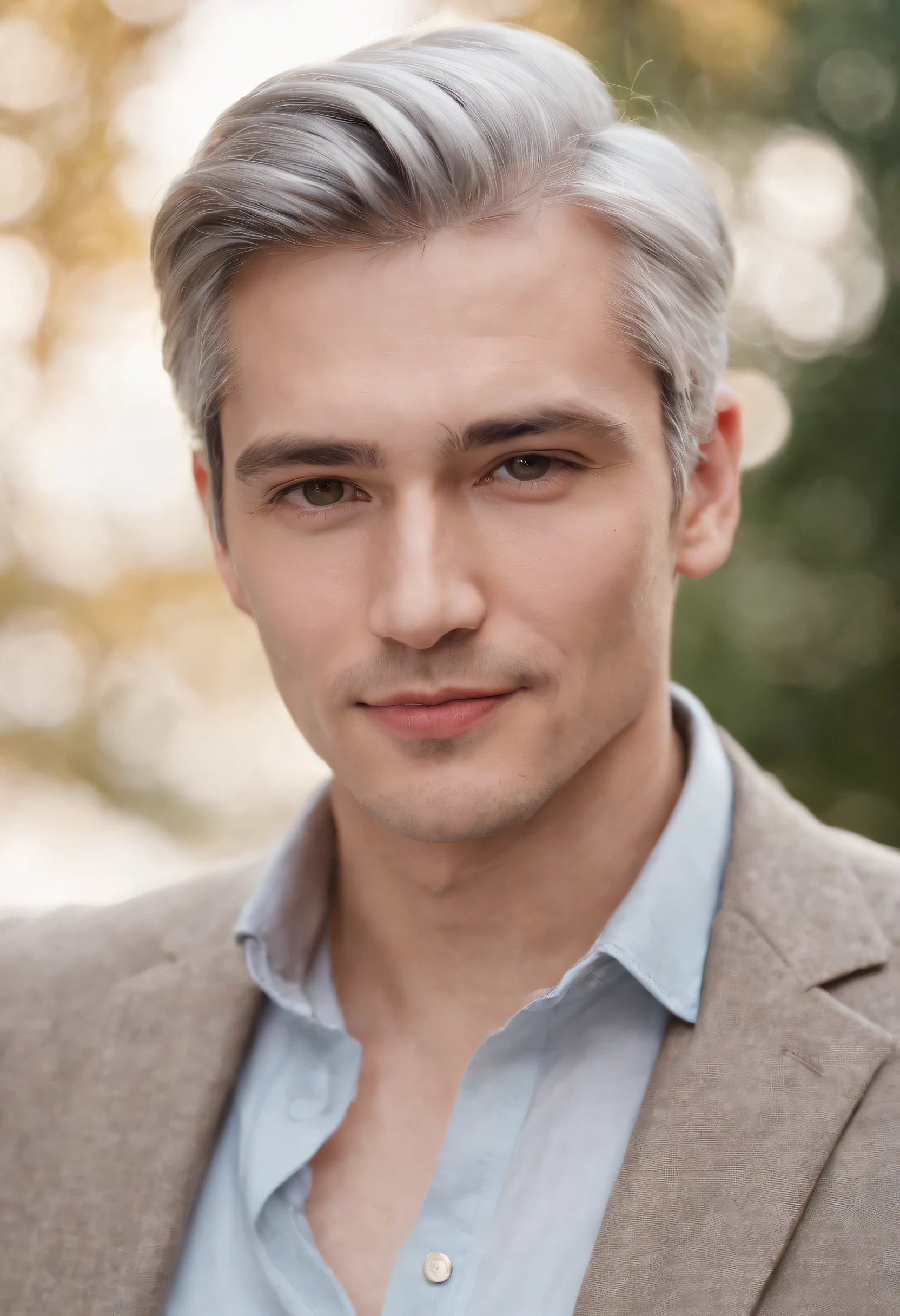 Portrait of handsome man 30 years old round face cinematic appearance、Silver Hair、Brown jacket、White button-down shirt、kindly smile、Photography, Male perfection, Black eyes, Hyper realistic, 8K - V 4、50-year-old dandy gentleman、Gentle eyes、Gray hair、