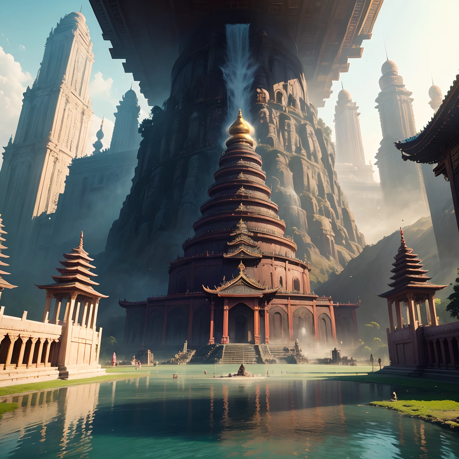Super huge temple,Mysterious world,SFart by,planet earth,Super Ancient City,Buddha,masterpiece,Huge construction,超A high resolution,Skyscrapers,huge waterfall,