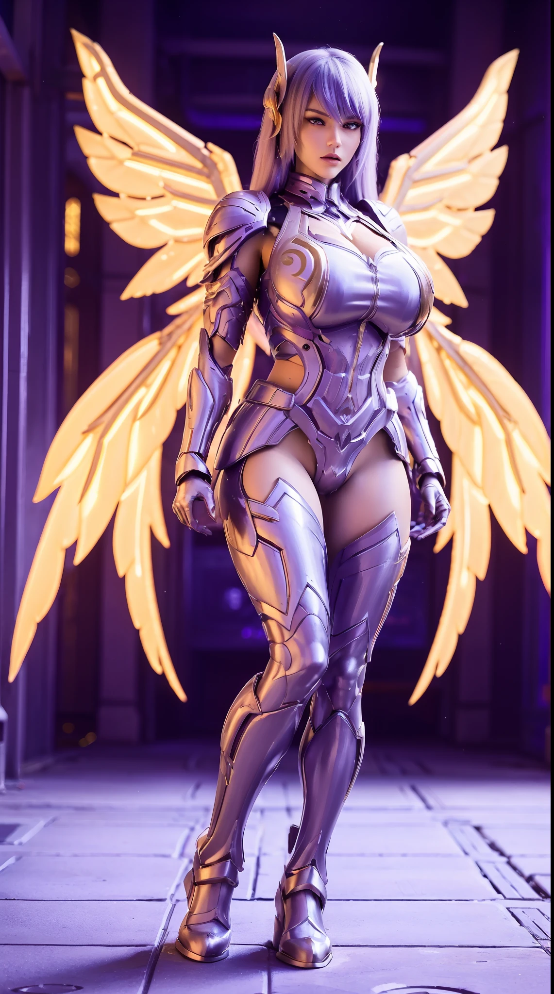 A WOMAN, BEAUTIFULL FACE, HUGE BOOBS, RGB, WHITE, GOLD, PURPLE, MECHA ARMOR FULL SUIT, (CLEAVAGE), (A PAIR LARGEST WINGS), TRANSPARANT, TALL LEGS, STANDING, SEXY BODY, MUSCLE ABS.