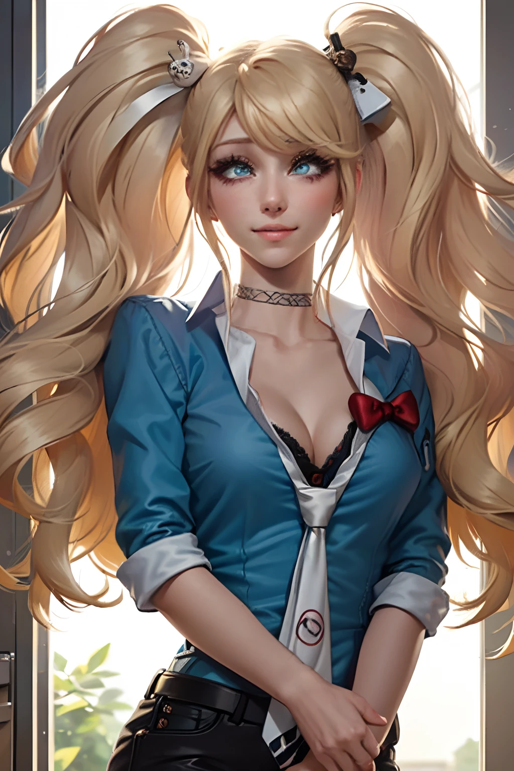 masterpiece, best quality, ultra-detailed, illustration, epic lighting, cinematic composition, isometric, 1girl, (solo:1.5), cute, blue eyes, green eyes, detailed iris, blonde hair, swept bangs, single sidelock, red hairclip, unbuttoned white shirt, choker, loose black necktie, black pants, formal, enchanting gaze, captivating pose, indoors, office, door, opening door, looking at viewer, peeking out upper body, blush, seductive smile, closed mouth,(8k:1.1), (ahegao:1.5)