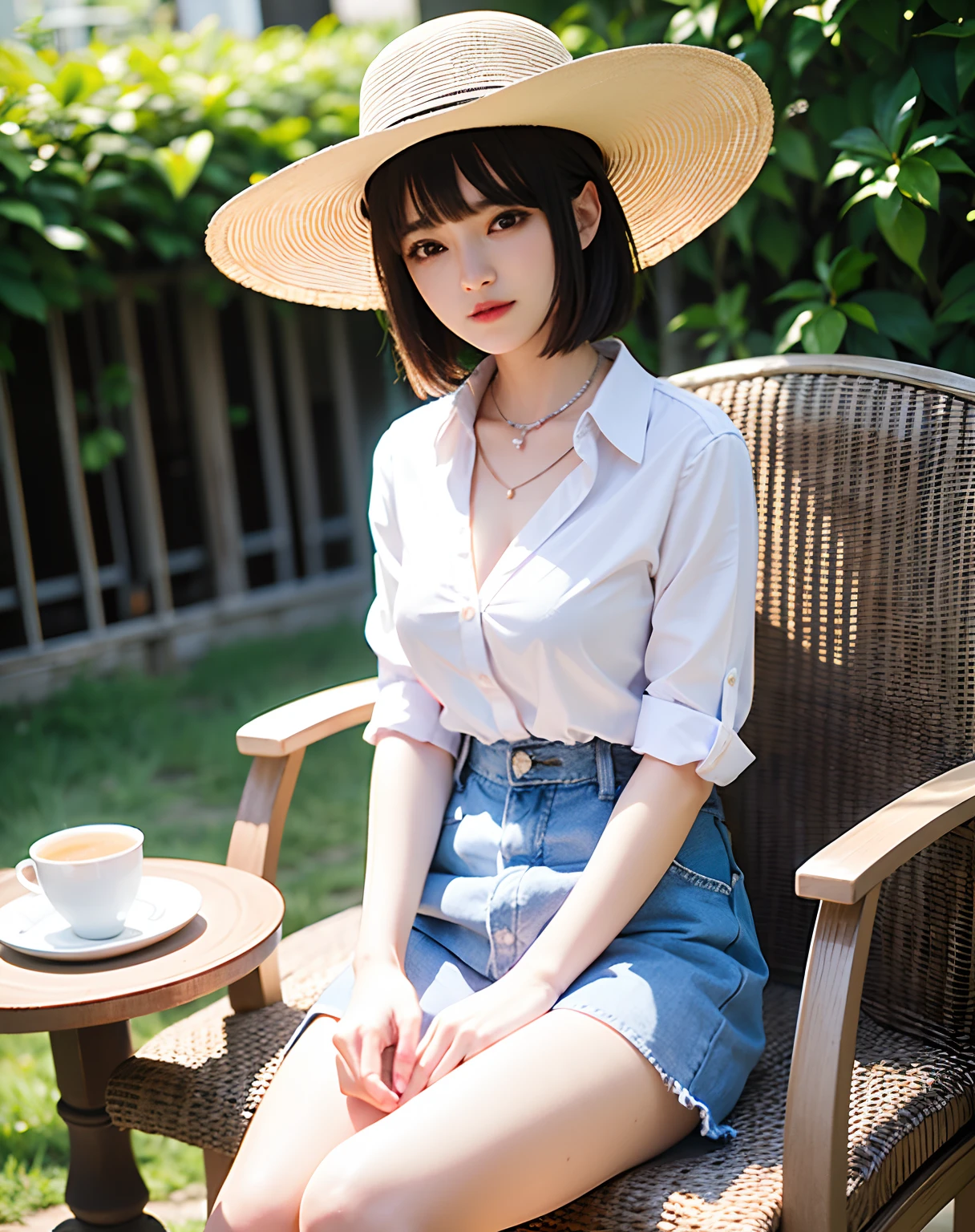 Summer barbecue、Woman sitting on chair wearing hat, fine white shirt, wearing a white button up shirt, in a white shirt, in a white shirt, Wearing a white shirt, wearing in shirt, Wearing a light shirt, digital art of an elegant, Wearing a blouse, wearing elegant casual clothes, Wearing a white blouse, White shirt、Denim miniskirt、Small bust、short-hair、a necklace、耳Nipple Ring