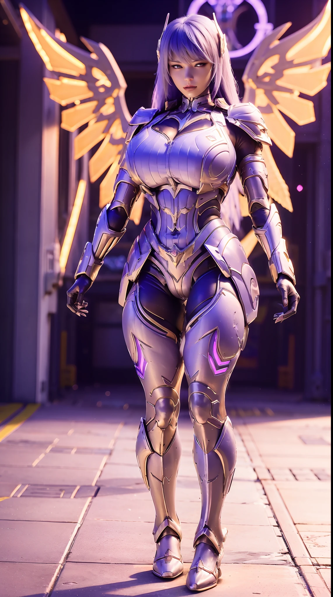 A WOMAN, BEAUTIFULL FACE, HUGE BOOBS, RGB, WHITE, GOLD, PURPLE, MECHA ARMOR FULL SUIT, (CLEAVAGE), (A PAIR LARGEST WINGS), TRANSPARANT, TALL LEGS, STANDING, SEXY BODY, MUSCLE ABS.