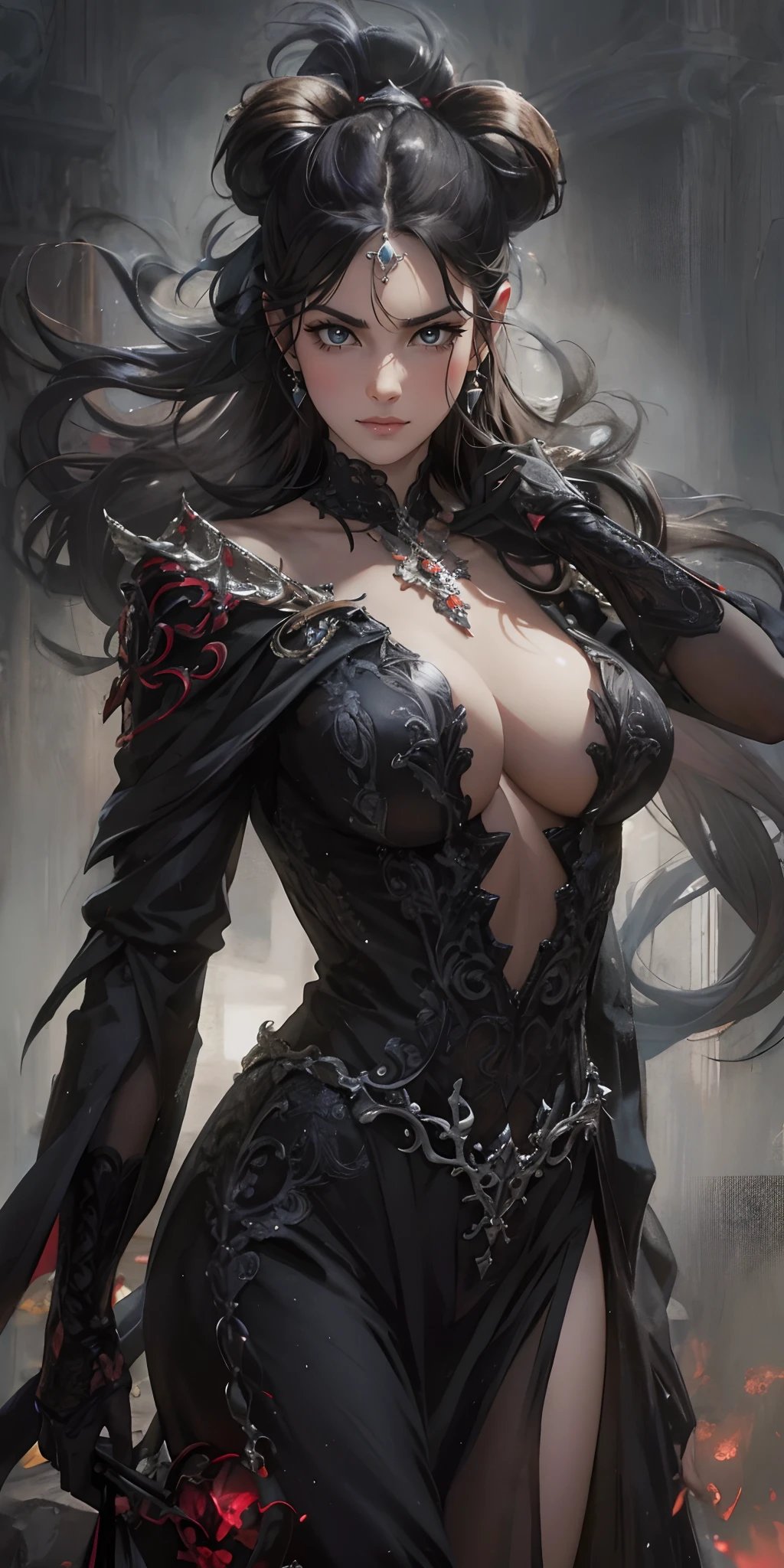 best quality, 3/4 body, portrait, beautiful well-endowed curvaceous fierce demon girl with big gorgeous eyes, perfect slim fit body, adorned with dark, ornate clothing, leading a formidable gang. Her eyes gleam with a mix of danger and charisma, commanding respect from her loyal followers. With a devilish smirk, she exudes confidence and power, ruling over her domain with an iron fist. Best quality, intricate details, clean lines, eye-catching composition, soft tones, anime realism, perfect illustration