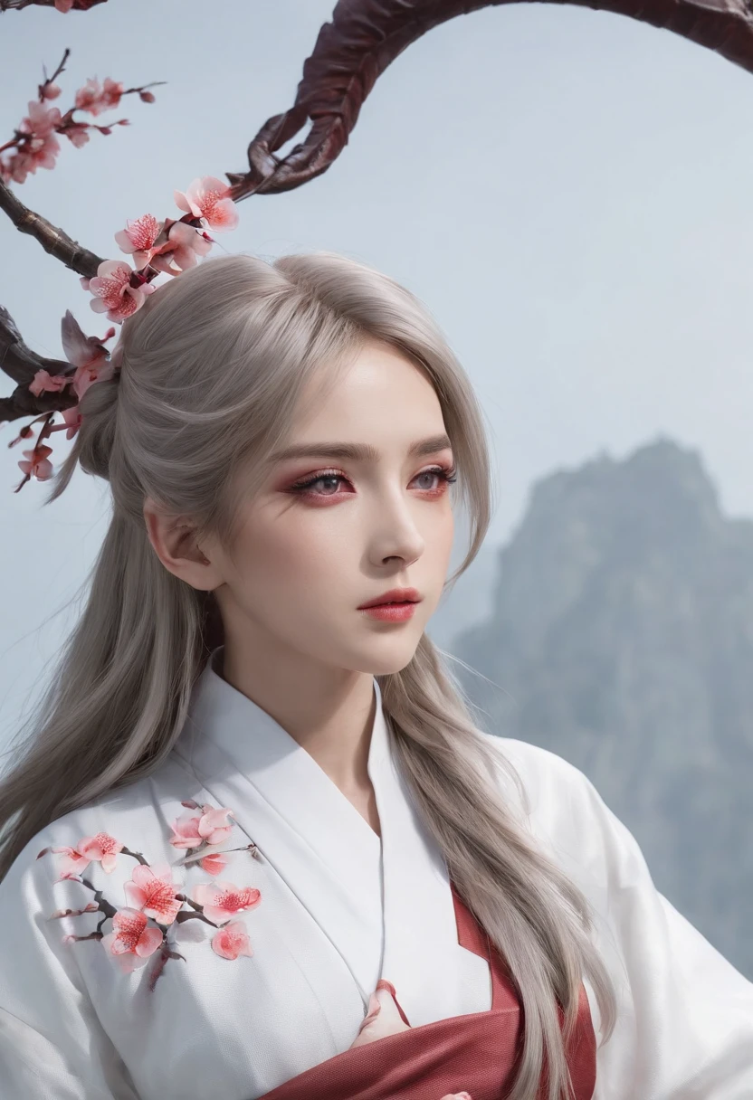 Cirilla Fiona Elen Riannon，动态照明，art  stations，poster for，Volumetriclighting，Very detailed faces，4k wallpapers，He has a delicate and beautiful face，long hair flowing，horse tailed，Fringed Hair Ornament，Dynamic perspective，White Hanfu，White gauze flying，red waistband，Sexy，Tradition Chinese Ink Painting，Surrounded by clouds，cherry blossom，fog atmosphere，Ride a white dragon，White dragon horn，dynamic viewing angle，电影灯光