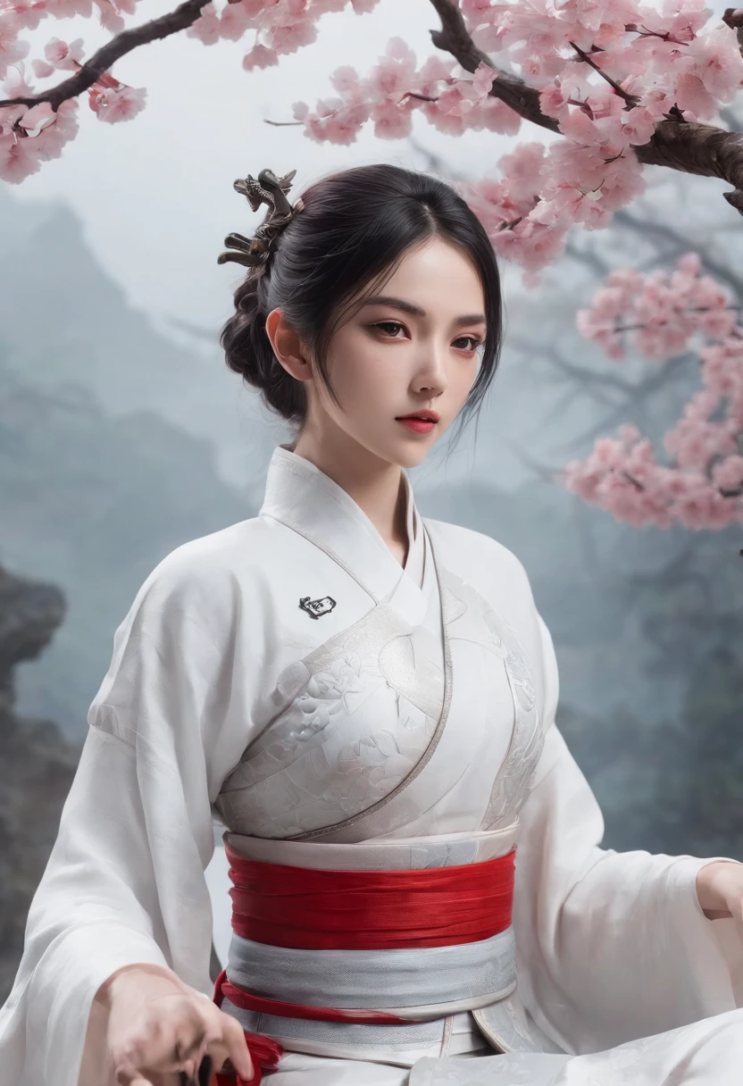 Cirilla Fiona Elen Riannon,动态照明,art stations,poster for,Volumetriclighting,Very detailed faces,4k wallpapers,He has a delicate and beautiful face,long hair flowing,horse tailed,Fringed Hair Ornament,Dynamic perspective,White Hanfu,White gauze flying,red waistband,,Tradition Chinese Ink Painting,Surrounded by clouds,cherry blossom,fog atmosphere,Ride a white dragon,White dragon horn,dynamic viewing angle,电影灯光
