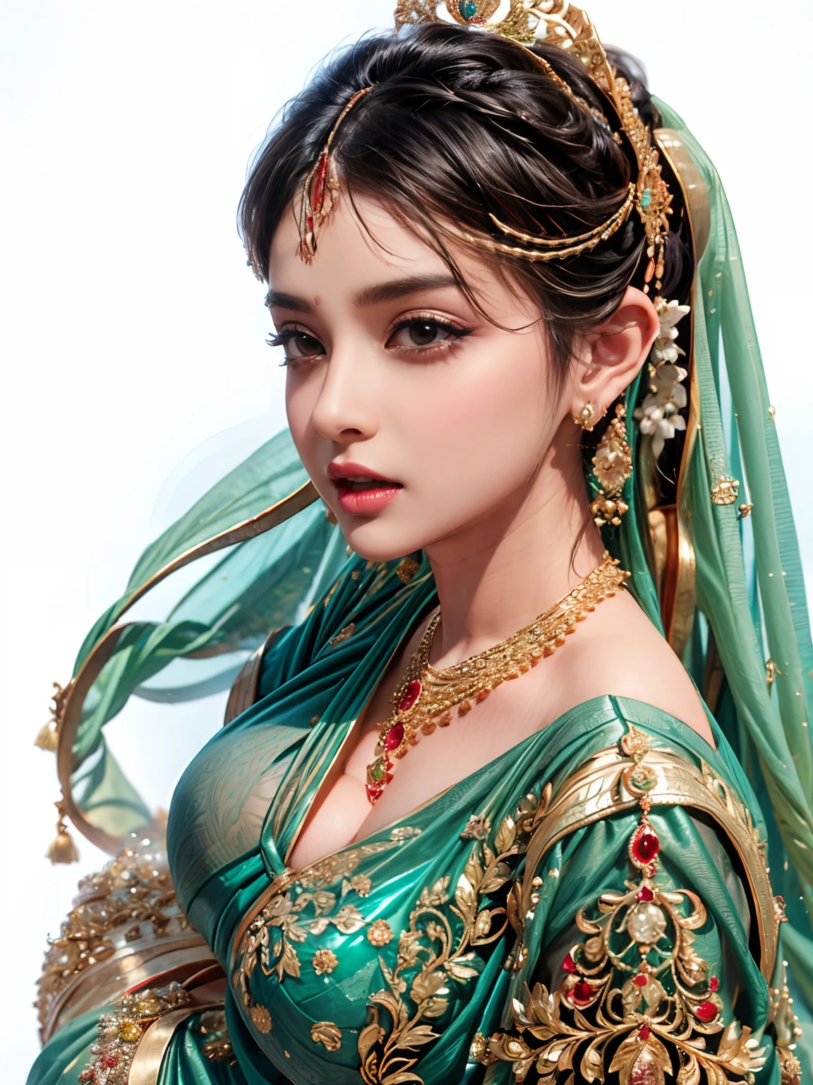 1girl,India girl,wearing saree, wearing earrings,big boobs,earring piercing in the nose,black hair,hyper realistic, ultra detail, high res,