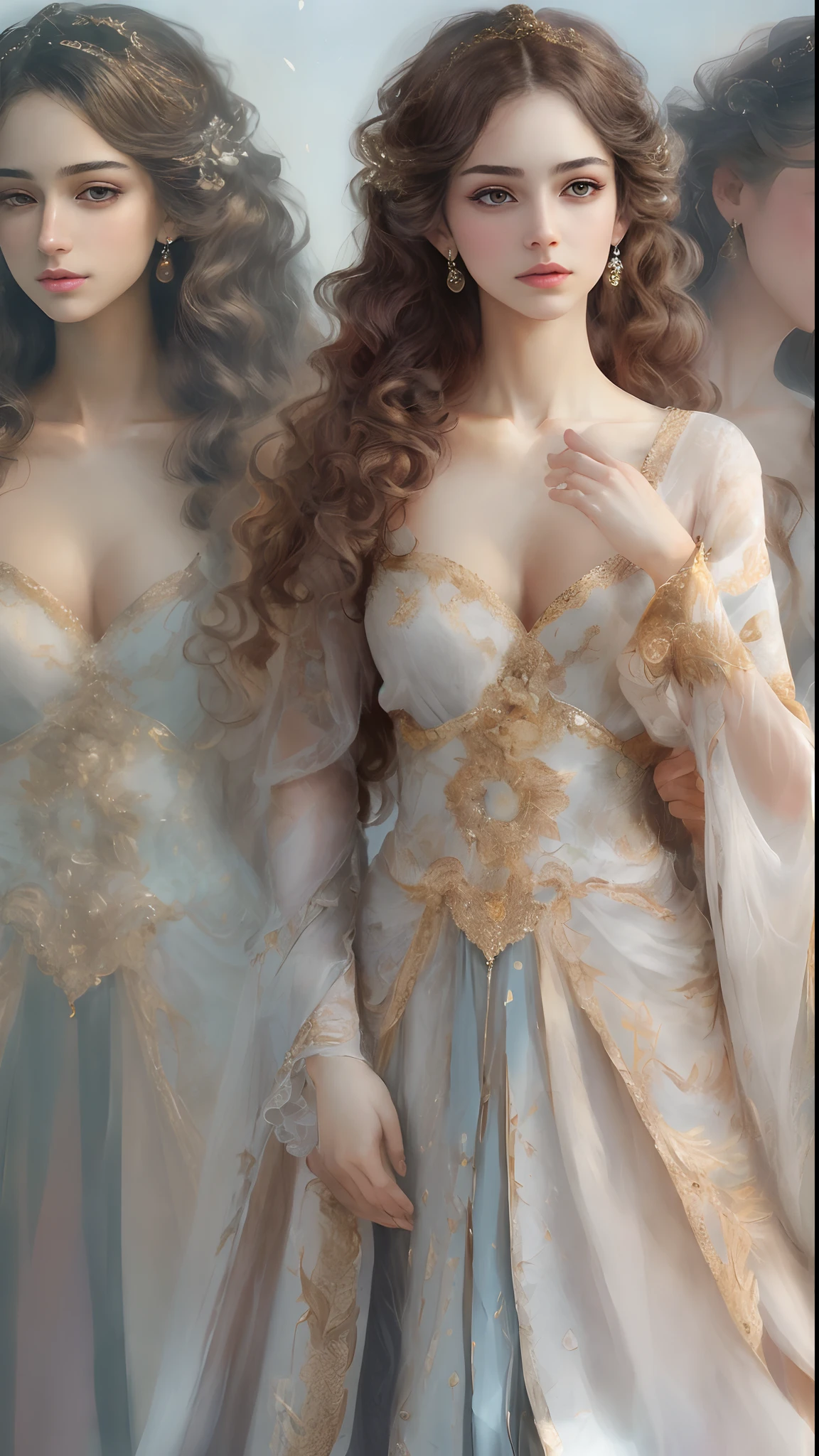 (Best quality, 4K, 8K, A high resolution, Masterpiece:1.2), Ultra-detailed, Realistic portrait of the upper body of an 18 year old aristocratic girl, Exquisite facial features,Clear and shiny eyes,Long curly hair details expressed, The posture is leisurely and natural,Graceful posture, The golden ratio of the head and body,Dreamy atmosphere, expressive brush strokes, mystical ambiance, Artistic interpretation,Delicately coiled hair,Floral filigree crystal diamond jewelry,Ultra ultra detail,Fresh and ultimate aesthetics,Stunning intricate costumes, Fantasy illustration, Subtle colors and tones, mystical aura,The details have been upgraded
