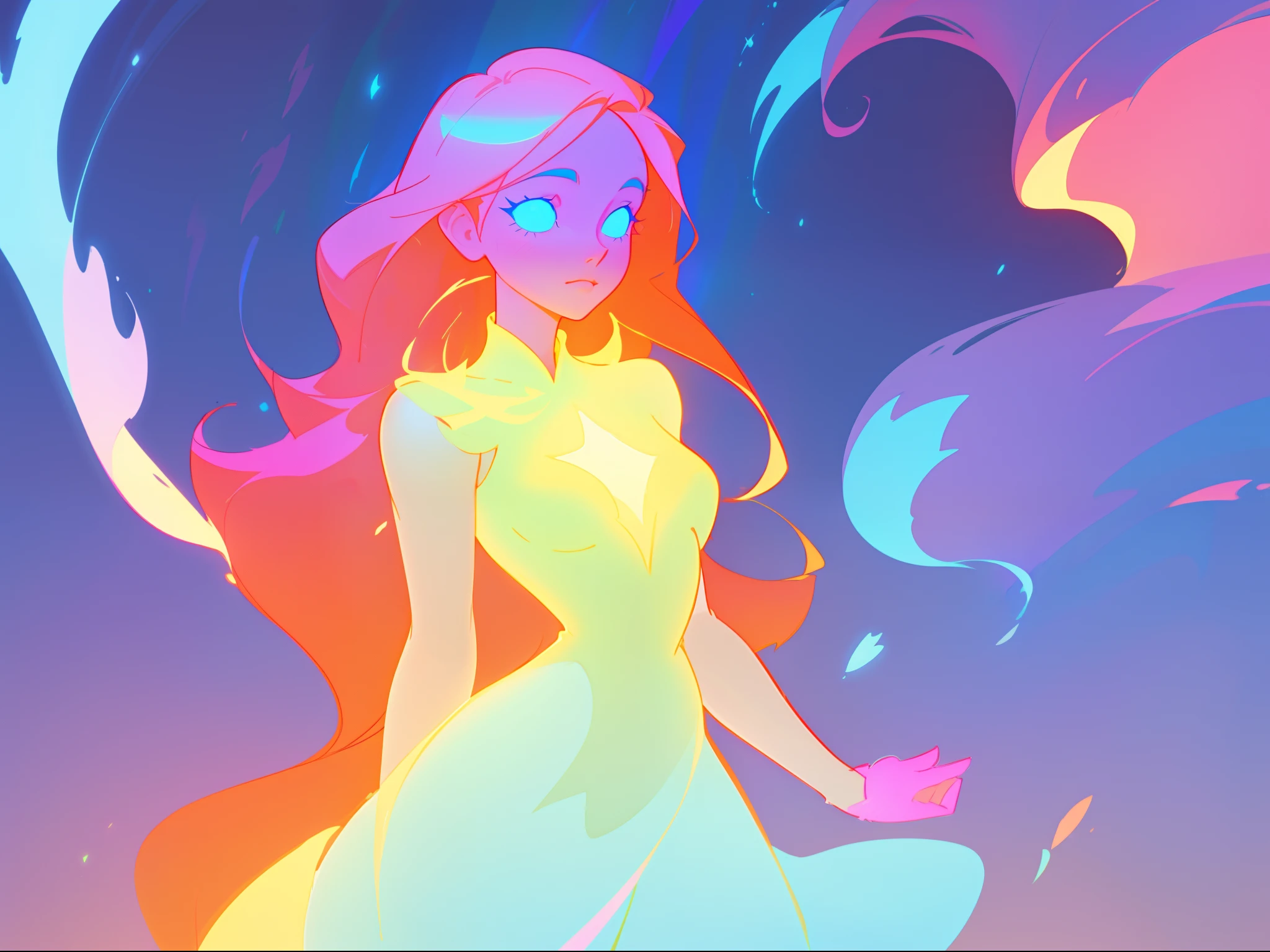 there is a girl in a dress that is standing in the snow, inspired by Glen Keane, inspired by Lois van Baarle, disney art style, by Lois van Baarle, glowing aura around her, by Glen Keane, jen bartel, glowing lights! digital painting, flowing glowing hair, glowing flowing hair, beautiful digital illustration