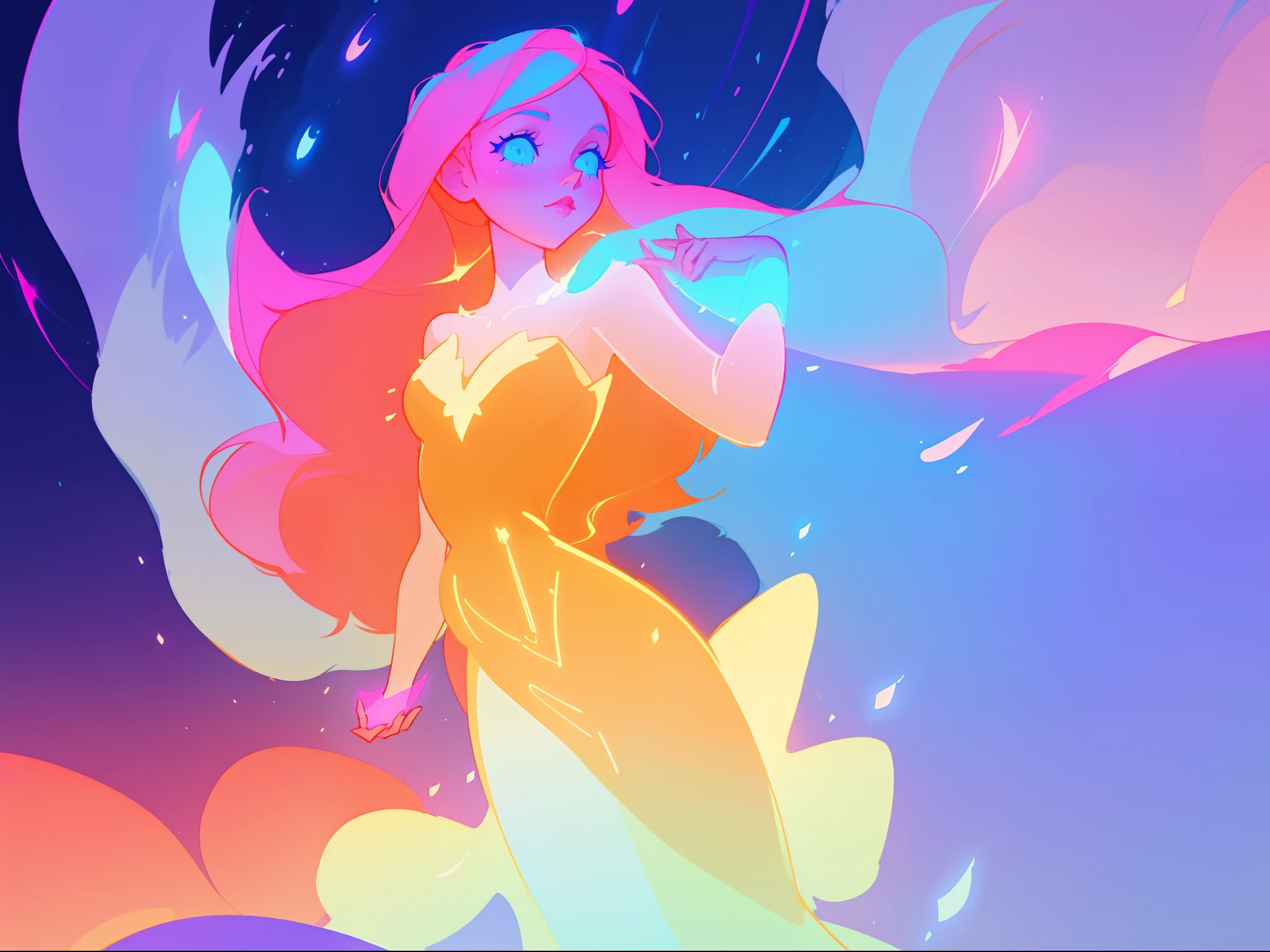 there is a girl in a dress that is standing in the snow, inspired by Glen Keane, inspired by Lois van Baarle, disney art style, by Lois van Baarle, glowing aura around her, by Glen Keane, jen bartel, glowing lights! digital painting, flowing glowing hair, glowing flowing hair, beautiful digital illustration