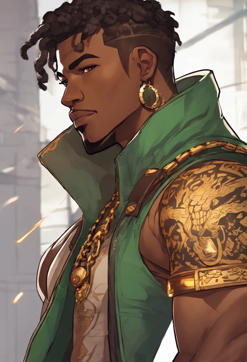 a close up of a dark skin person wearing fancy clothing consisting a brown jacket with jaguar designs with a white tank top underneath it, dark gray jeans with a black belt on his waist and brown shoes with golden toe caps. He also wears two golden chain necklace in his neck and a long necklace with three black rounded pendants at the center. African American character in tekken, dark green eyes, undercut hairstyle, half body close-up shot, male character, single character full body, full body shot hyperdetailed, style of mirror\'s edge, kentaro miura style, half body render,, highly detailed half body, half body portrait shot