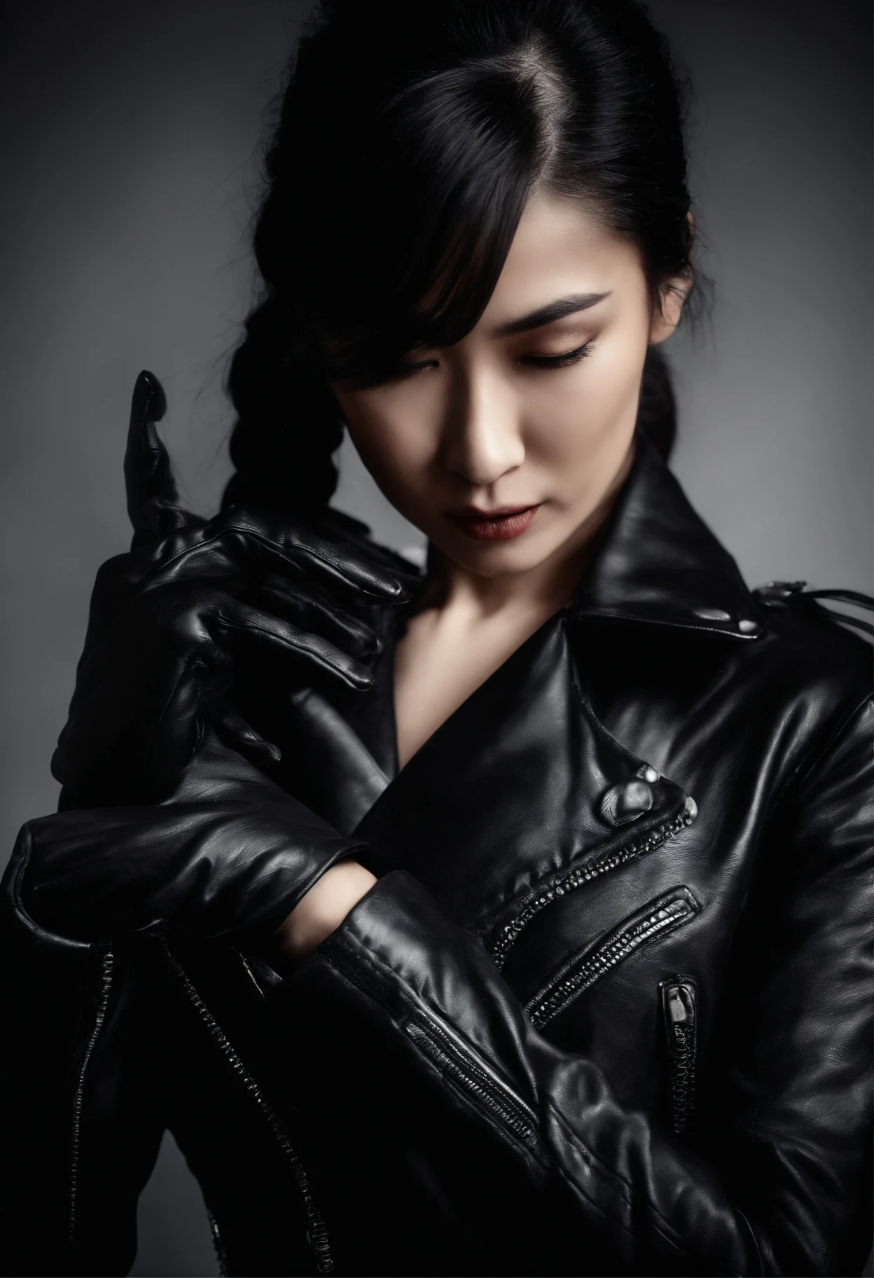Black leather gloves, black hair ponytail, Japanese girls, black leather riders jacket, upper body