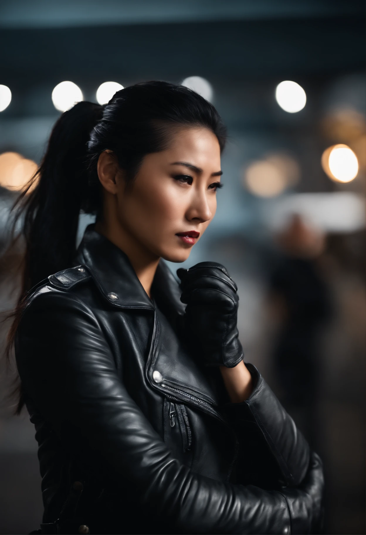 Black leather gloves, black hair ponytail, Japanese girls, black leather riders jacket, upper body