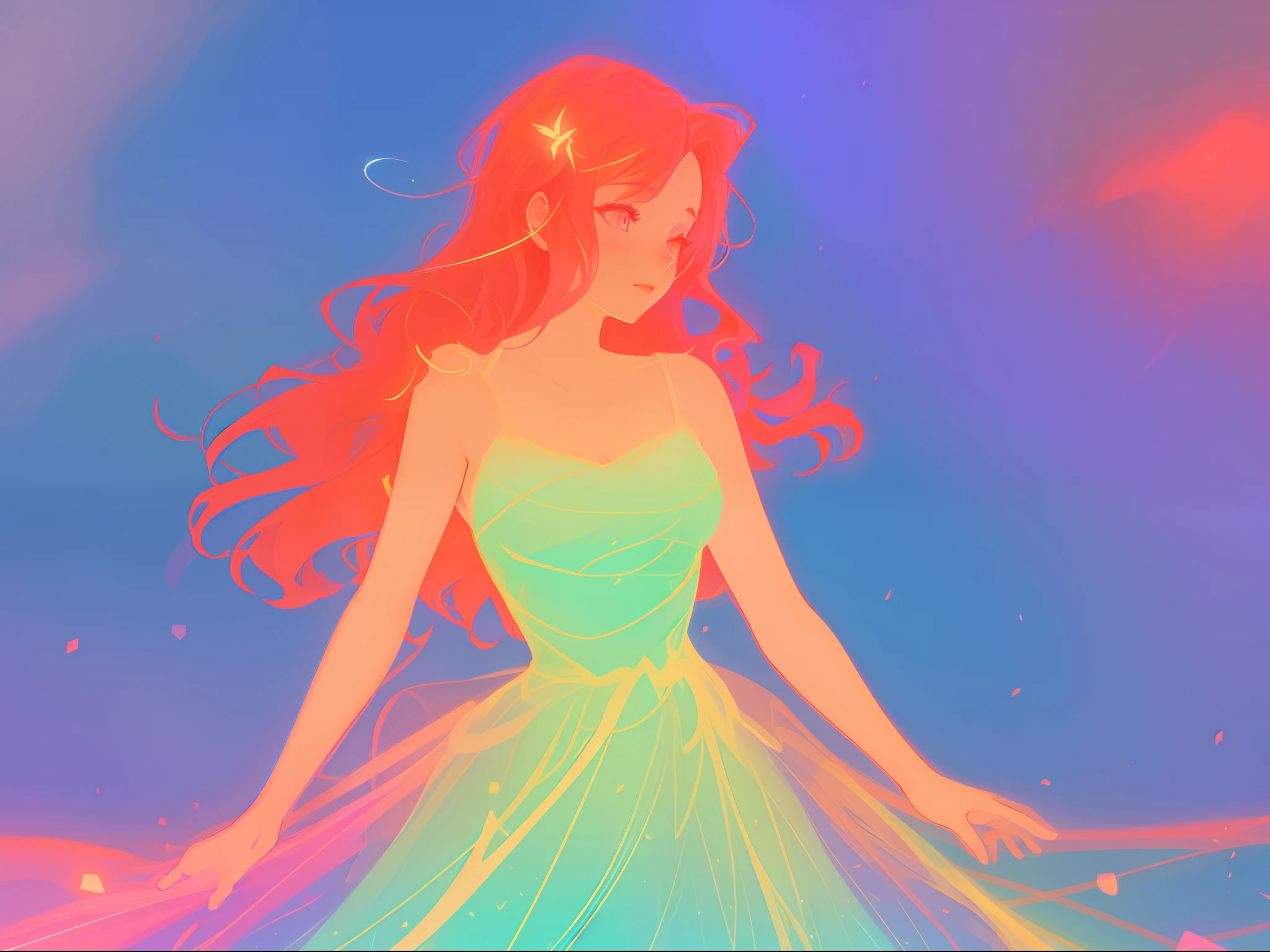 there is a girl in a dress that is standing in the snow, inspired by Glen Keane, inspired by Lois van Baarle, disney art style, by Lois van Baarle, glowing aura around her, by Glen Keane, jen bartel, glowing lights! digital painting, flowing glowing hair, glowing flowing hair, beautiful digital illustration