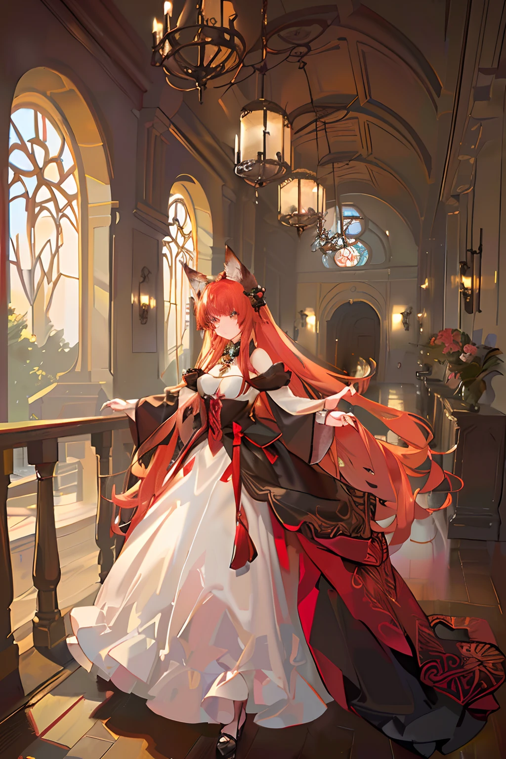 Red long-haired，Red fox ears，Golden eyes，In the prom hall