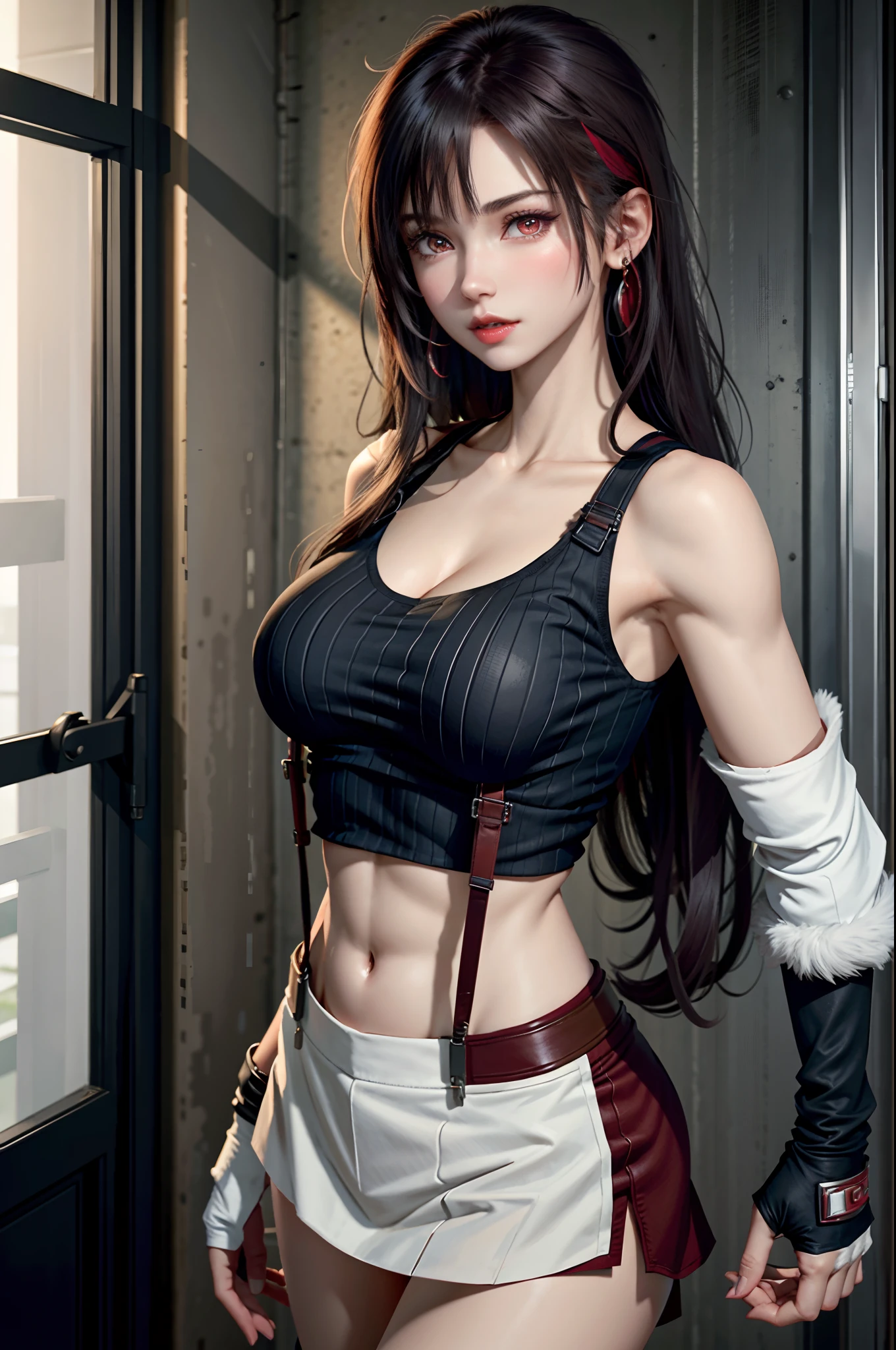 game_Tifa Lock Heart_aiwaifu,aiwaifu,Suspenders,Tifa Lockhart,Crop Top,elbow Gloves,fingerless Gloves,Gloves,long hair,Vest,Black Hair,diaphragm,black skirt,skirt,low-tied long hair,suspender skirt,High Leg Raise,black High Leg Raise,earrings,Jewelry,black Gloves,(((Full breasts)))(((Cleavage))),(Huge teardrop chest, Huge cleavage:1.2)Perfect body,miniskirt,good exercise,Absolutely great opportunity,Bare shoulders,Red Eyes,Umbilical cord,shirt,Elbow pads,white Vest,Lips,Brown eyes,adjustment of clothes,adjusting Gloves,Tight clothes,belt,chain,clavicle,shorts,Stomach,thigh,Arm Guard,black Pantyhose,Pantyhose,pleated skirt,very long hair,masterpiece,best quality,Super detailed, High resolution,incredible_absurd,8K, Perfect lighting,Very detailed,landscape,posture,straight on,Solitary,looking at the audience,  