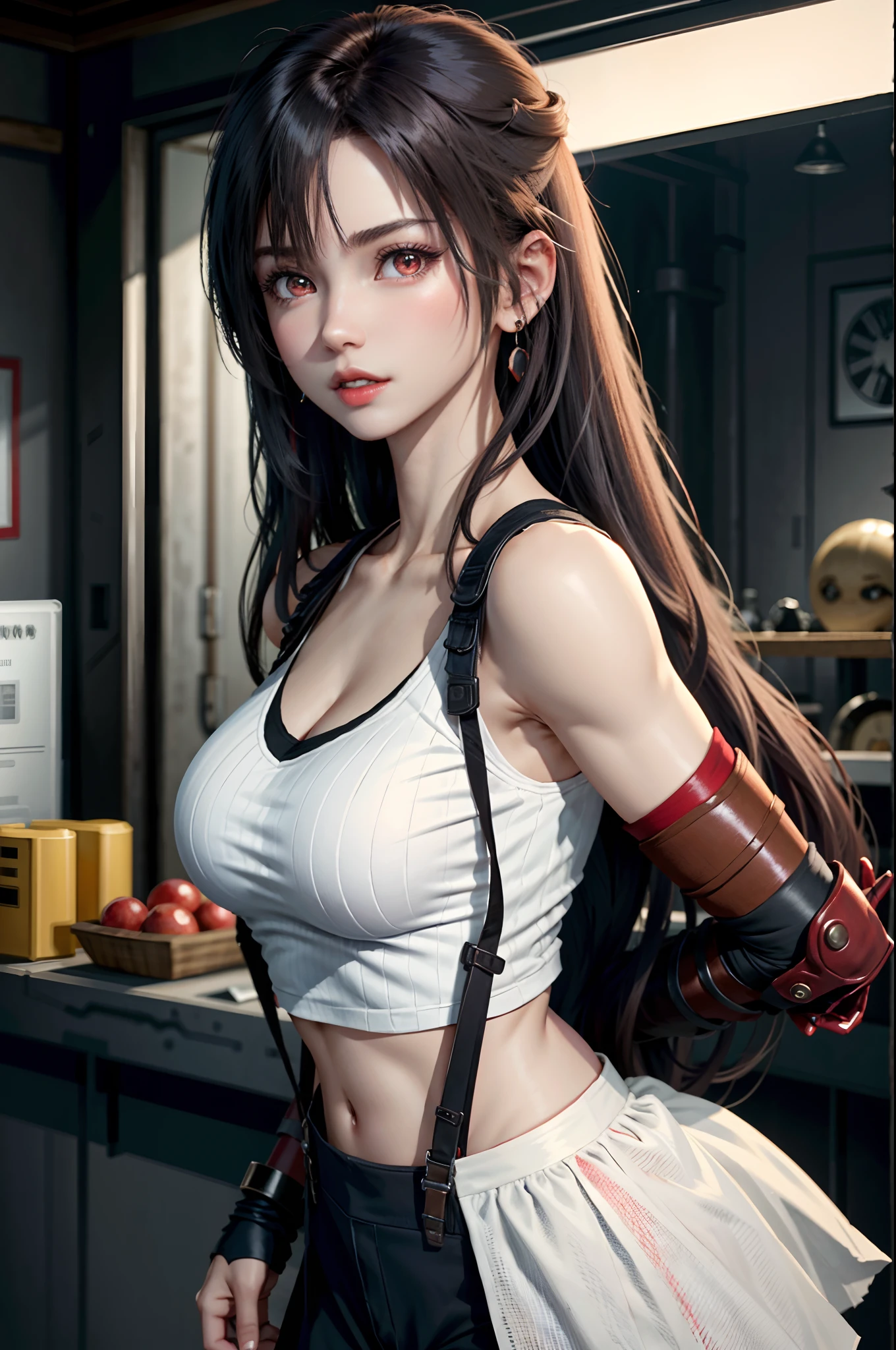 (Masterpiece, Best quality) Tifa FF7, 1girll, Solo, Long hair, Breasts, view the viewer, bangs, Large breasts, shirt, Black hair, Red eyes, mitts, Bare shoulders, jewelry, 鎖骨, White shirt, Upper body, Earrings, parted lip, Elbow gloves, Fingerless gloves, Lips, Crop top, sweeping bangs, Suspenders, vests, Red gloves, Red lips, Gilet blanc, elbow pads
