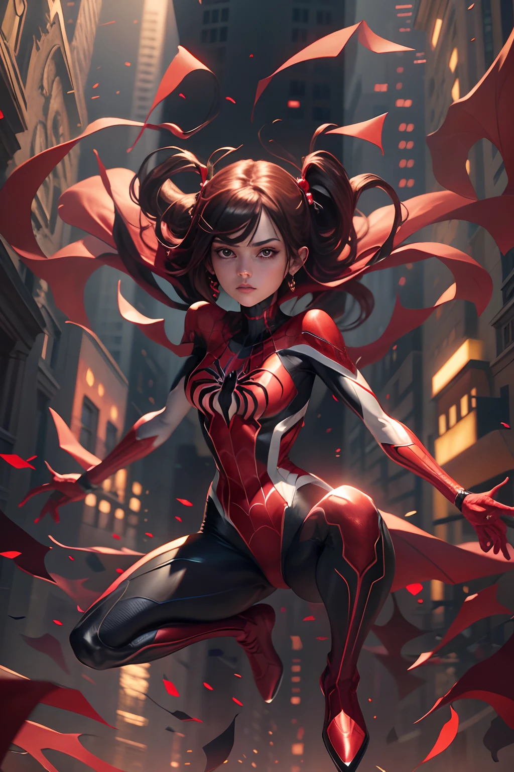 skinny spider girl superhero, red and white suit, Rendered in stunning 24k resolution, every intricate detail of her spidy superhero life on display, a symbol of her unwavering faith and courage.