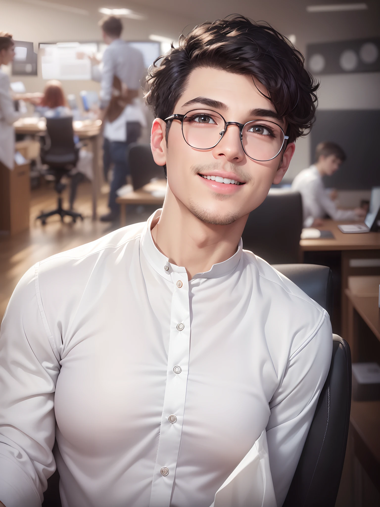 (change background office department:1.1, realistic face:1.2 with cute smile,sharp jawlines,whitish skin,8k ultra hd) detailed eyes, detailed lips, long eyelashes, beautiful eyes, professional, photography, bright and warm colors, studio lighting boy picture