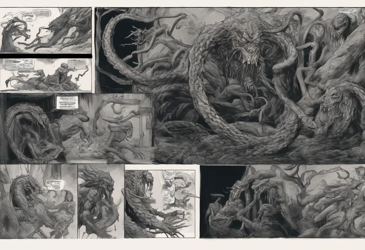 (comic art style), ink on paper, character turnaround sheet, medusa, gorgon, snakefolk, woman snake hybrid, lower body snake tail. full body portrait, masterpiece, craftsmanship nuance, color pieces, sketchbook, hand drawn, dark, gritty, realistic sketch, rough sketch, mix of dark bold lines and loose lines, bold lines, on paper, twisted character sheet, comics of the 1990's, harsh ink lines, expressive ink techniques, distinctive line work, precise harsh strokes, dynamic expressive linework)