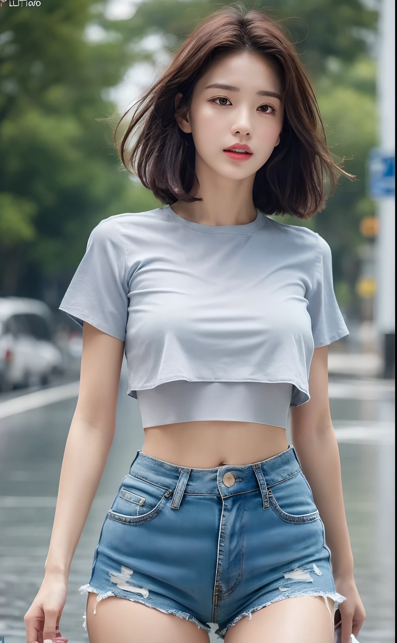 ((Best Quality, 8K, Masterpiece:1.3)), Focus:1.2, Perfect Body Beauty:1.4, Buttocks:1.2, ((Layered Haircut, Breasts:1.2)), (Wet Clothes:1.1) , (Rain, Street:1.3), (Loose Crop Top :1.5), (Loose Top with Highly Detailed Face and Skin Texture, Fine Eyes, Double Eyelids, Whitening Skin, Long Hair, (Shut Up: 1.3)