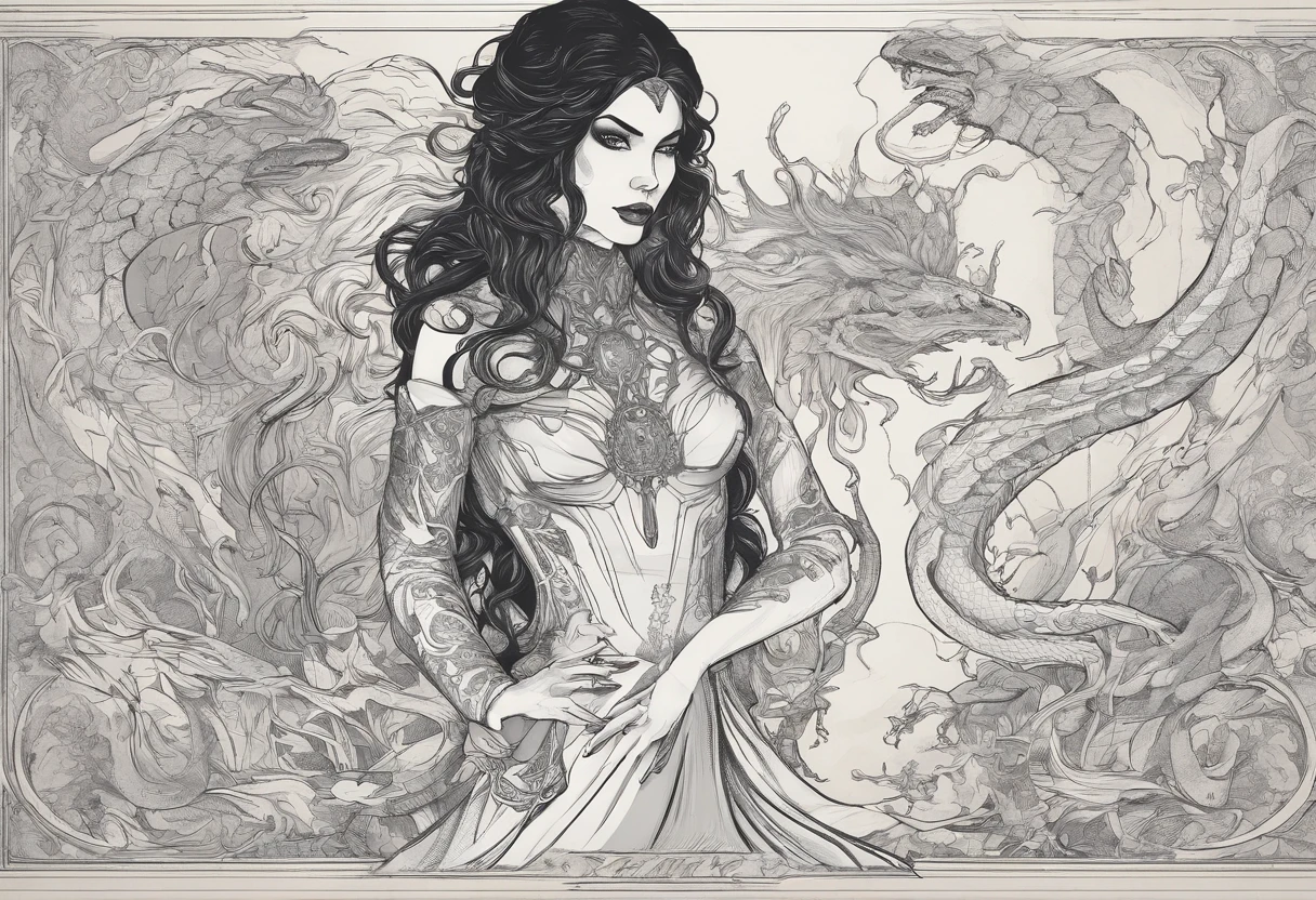 This woman is a woman dressed all in black,around her there are black ink dragon pattern 2d, Chinese style, ink painting style, real life photography, to Shi Lin Huang style, surreal animation, swirly, Mashnikov, Zen-like quiet, dragon art, film composition,fujifilm