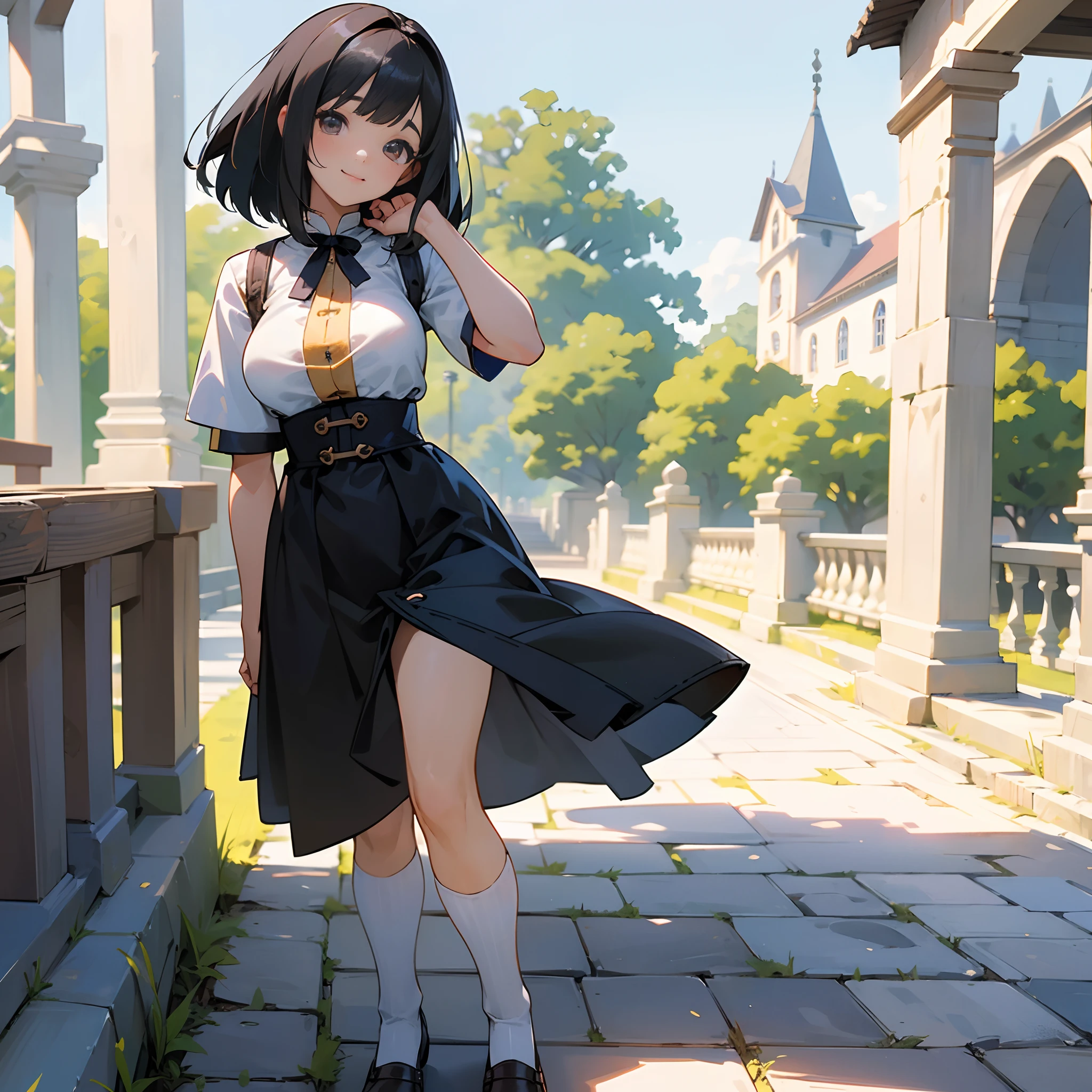 With the best image quality、Teenage girl standing alone outdoors。In high resolution、Beautiful fine details、tranquil atmosphere。((Black Hair Bob Hair))、Cute smile。(((breasts are large)))、I don't have anything in my hands、realistic hand、Medieval European national costume with short sleeves、Medieval European Streets、Leather shoes。